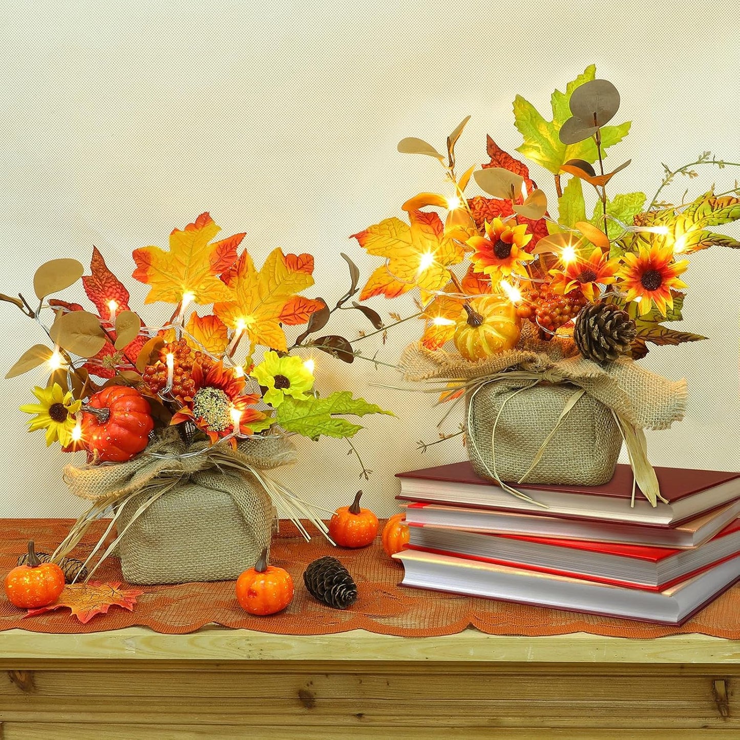 2 Pack 11 Inch Fall Maple Tree Thanksgiving Decor, Artificial Tabletop Fall Tree with 20 LEDs Battery Powered