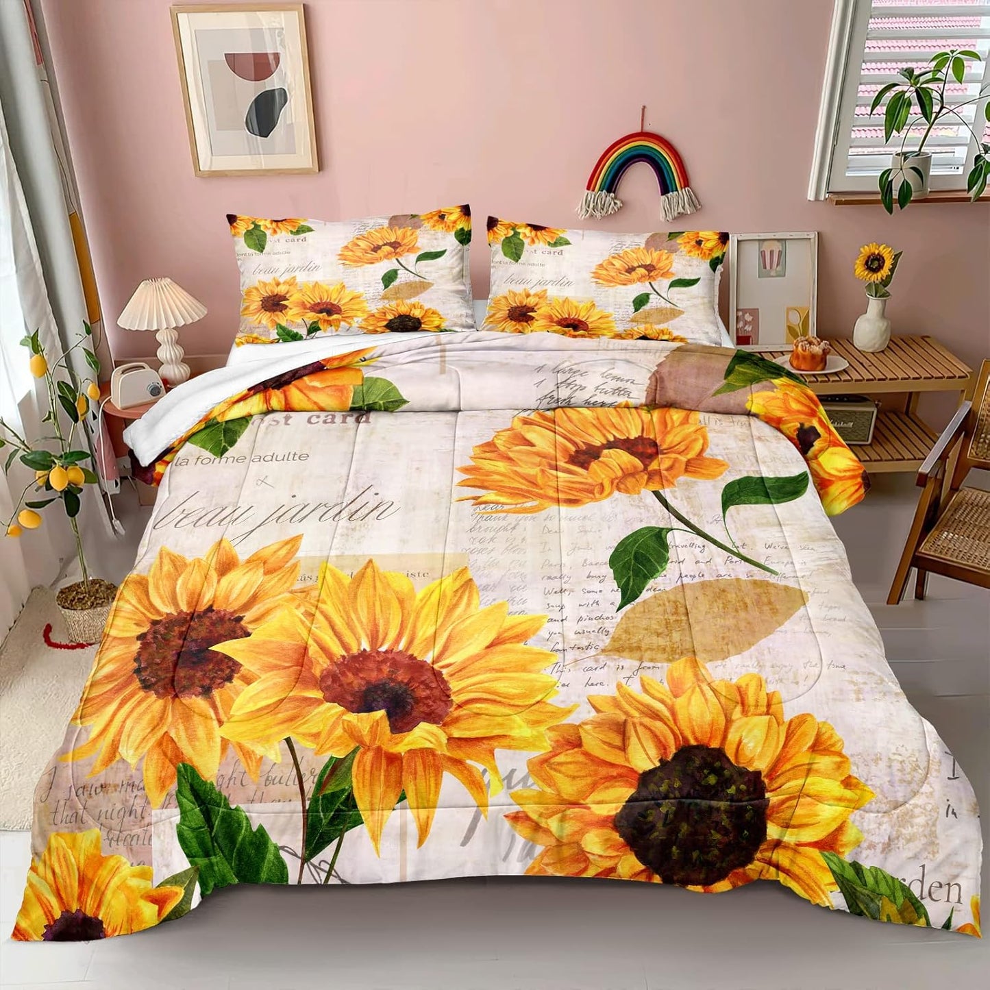 Vintage Sunflower Comforter Letter Sunflower Comforter Set Retro Sunflowers Printed (King, Letter Sunflower)