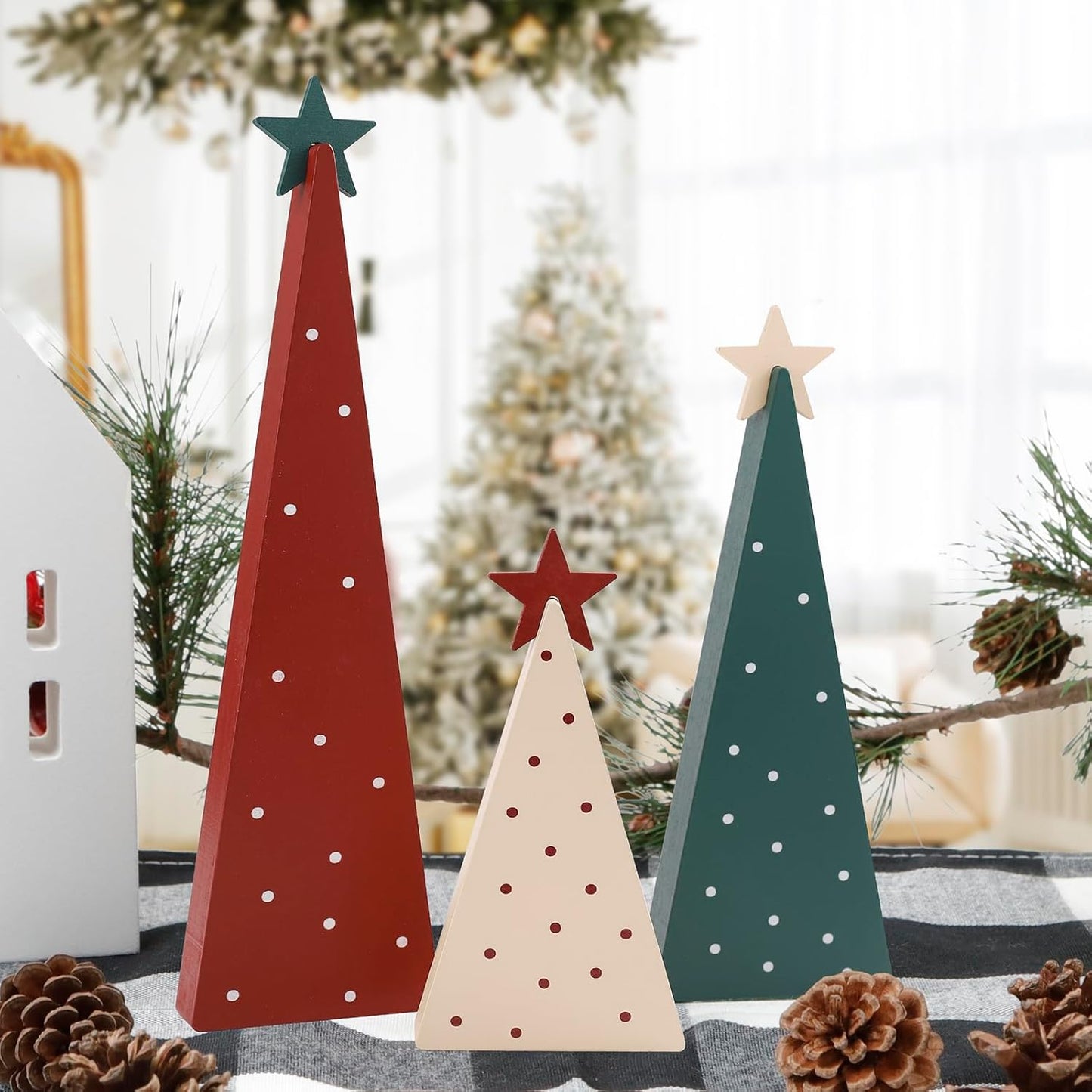 Three Sizes Wooden Christmas Tree Sign with Star-Christmas Decorations for Home Shelf Mantel Fireplace Table Party Decor