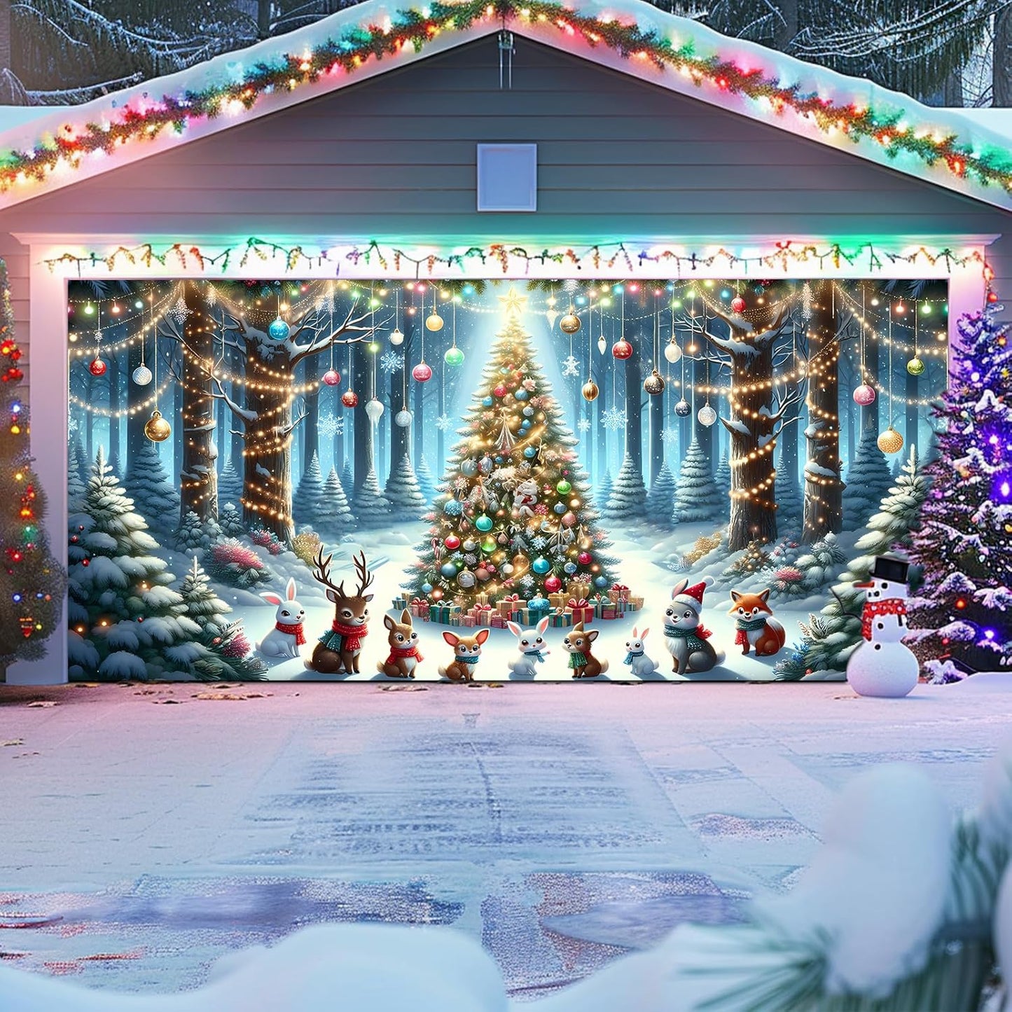 Xmas Garage Door Banner Covering Decor Large Garage Door Christmas Mural Backdrop Background, 13x6 ft