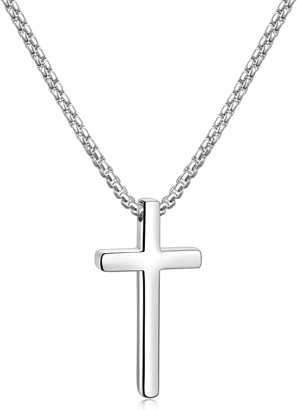 Cross Necklace for Men, Silver/Gold/Black Mens Cross Necklaces with 2.5mm Cross Chain and Stainless Steel Cross Pendant, Box Chain 16-24 Inch