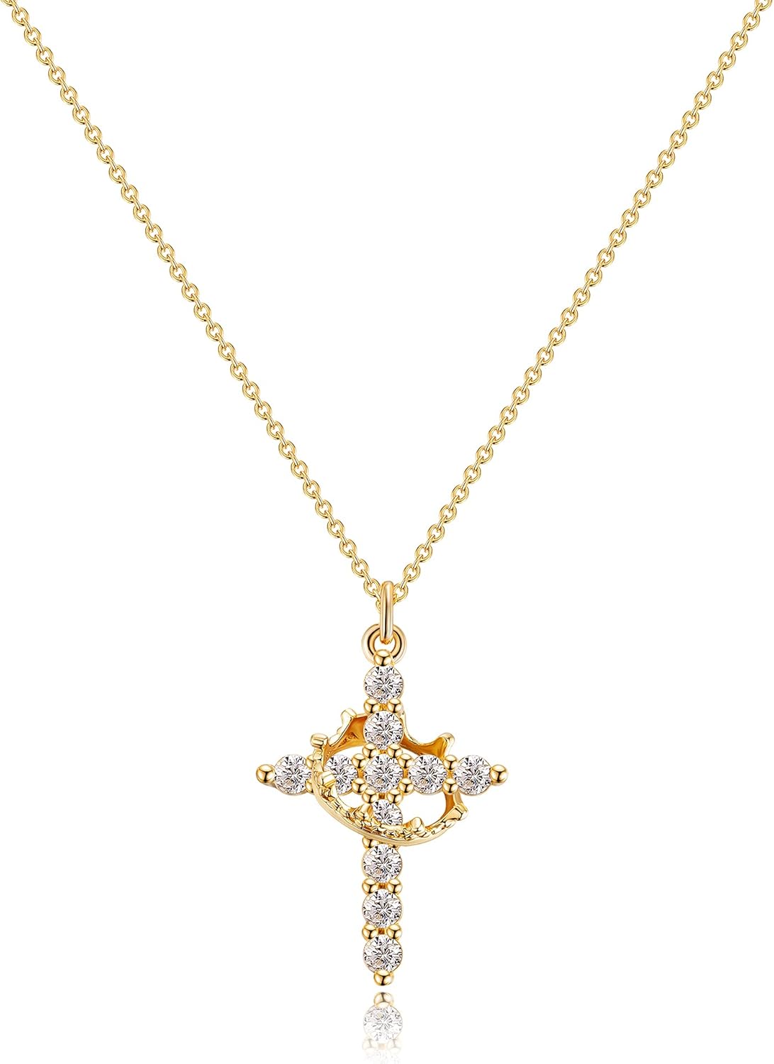 Crown Cross Necklace for Women 14K Gold Plated Crown Cross Pendant Necklace Simple Diamond Gold Necklaces Faith Cross Jewelry First Communion Necklace