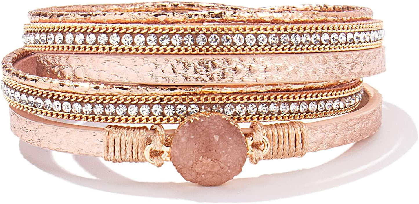 Boho Wrap Bracelets Leather Cuff Bracelet Bohemian Jewelry Resin Stone Leather Necklace with Clasp for Women, Rose Gold