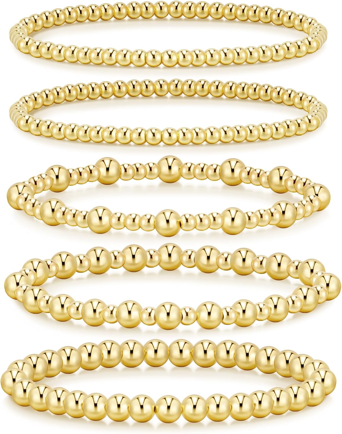 Gold Bracelets for Women, 14K Gold Plated Beaded Bracelets Gold Strand Bead Ball Bracelet stack Set Adjustable Bracelet Set Jewelry for Gifts