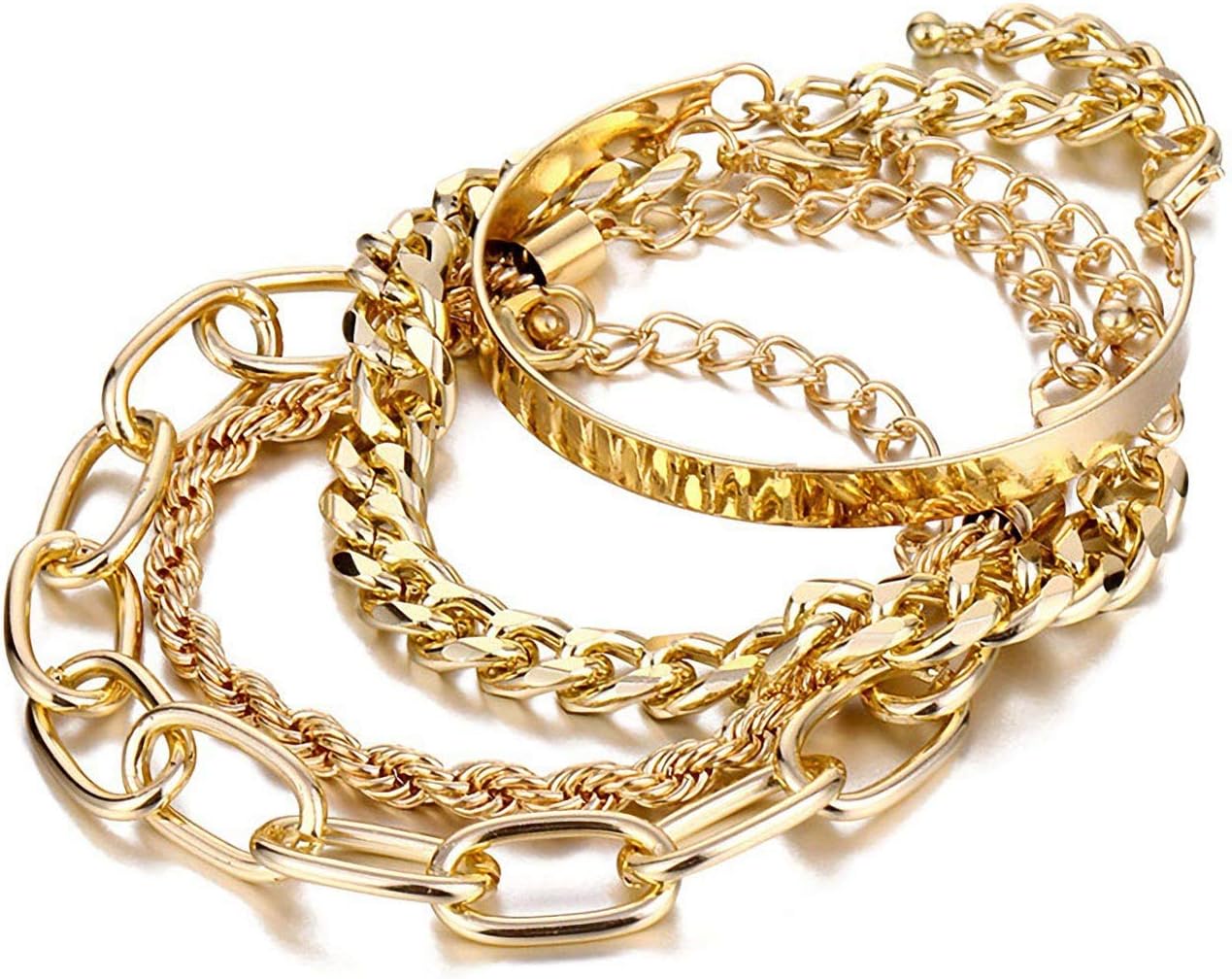 Gold Bracelets for Women, 14K Gold Plated Dainty Layered Chain Bracelets Adjustable Cute Bangle Link Bracelet Set
