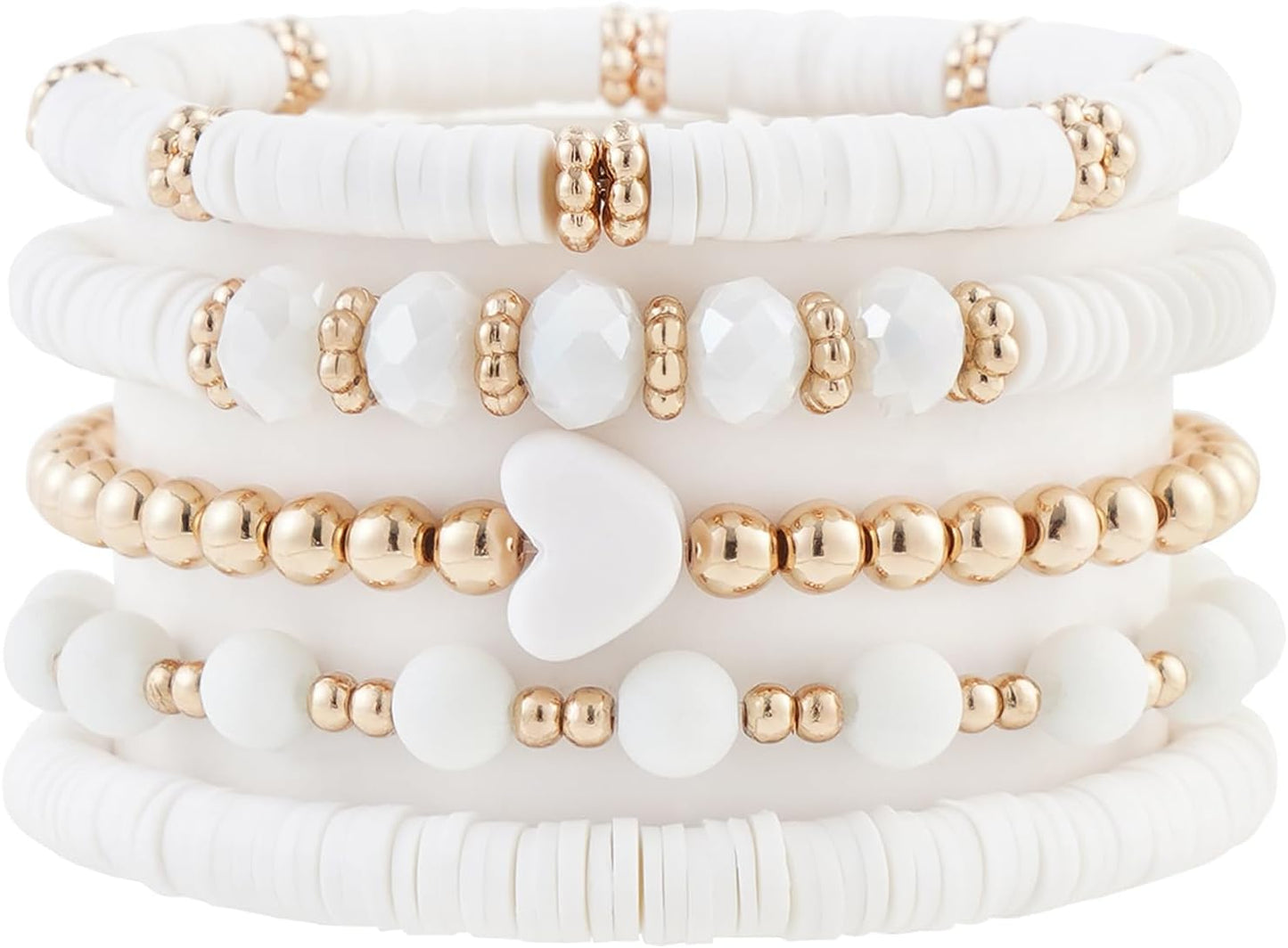 Beaded Stretch Bracelets for Women Stackable Gold Polymer Clay Beads Bracelets Friendship Boho Summer Beach Bracelets Jewelry Set, White