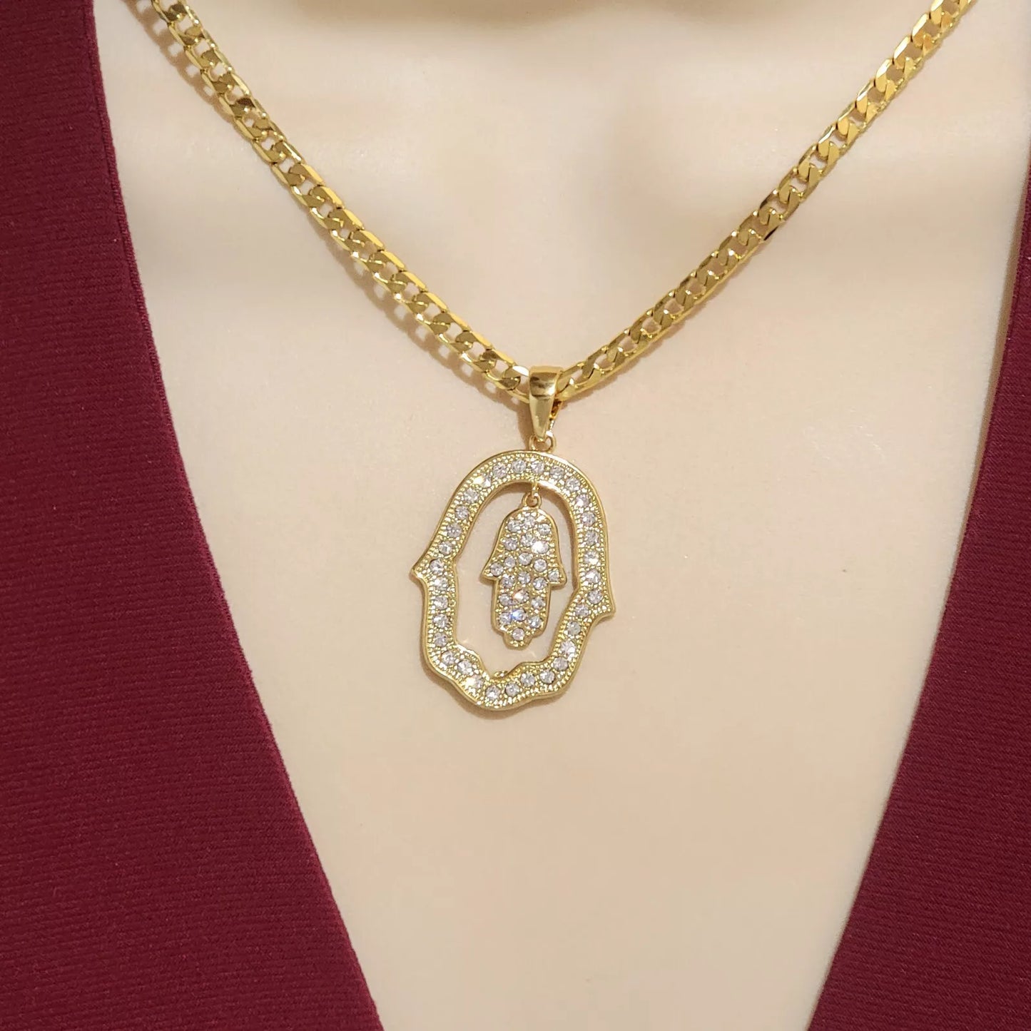 Yellow Gold Plated Hamsa Necklace Fatima Hand God Charm Pendant