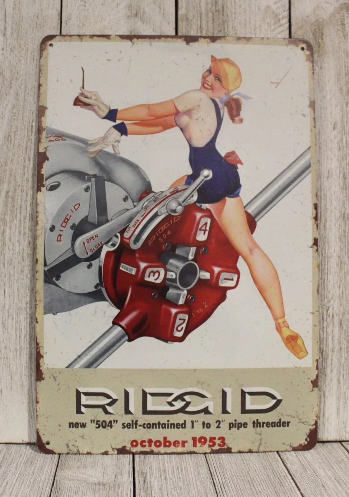 Ridgid Tools Sexy Pinup Girl Tin Metal Sign Vintage Style