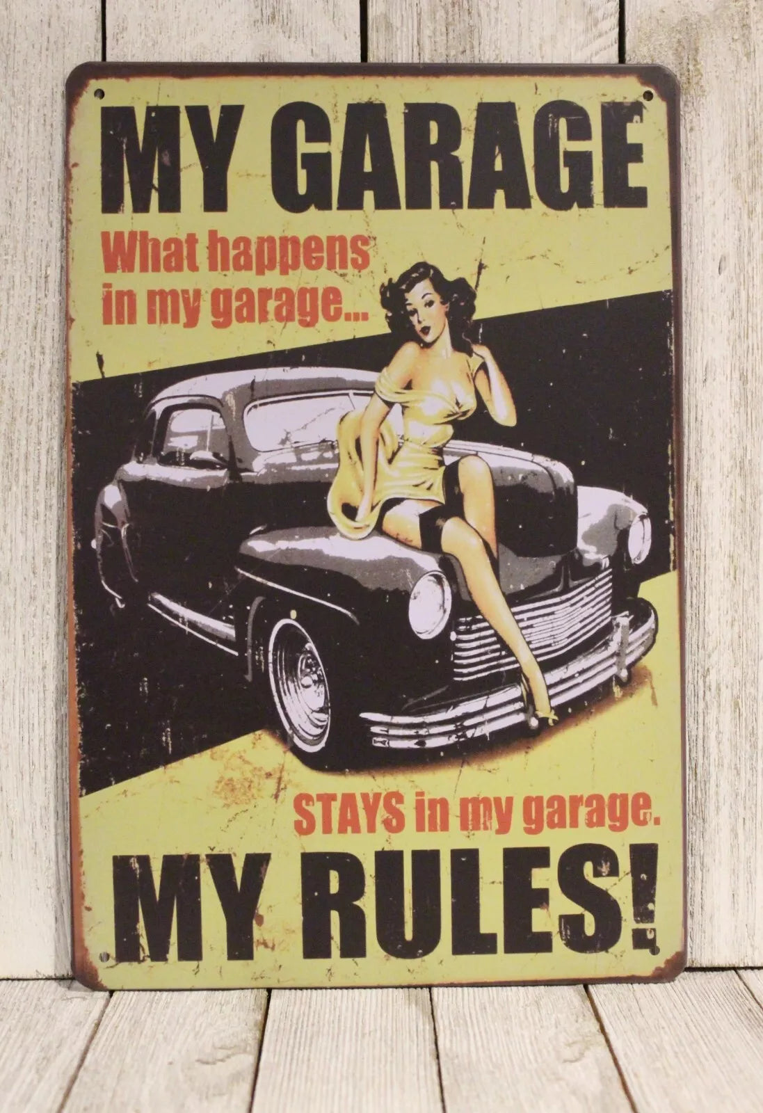 My Garage Rules Sexy Pinup Girl Tin Metal Sign