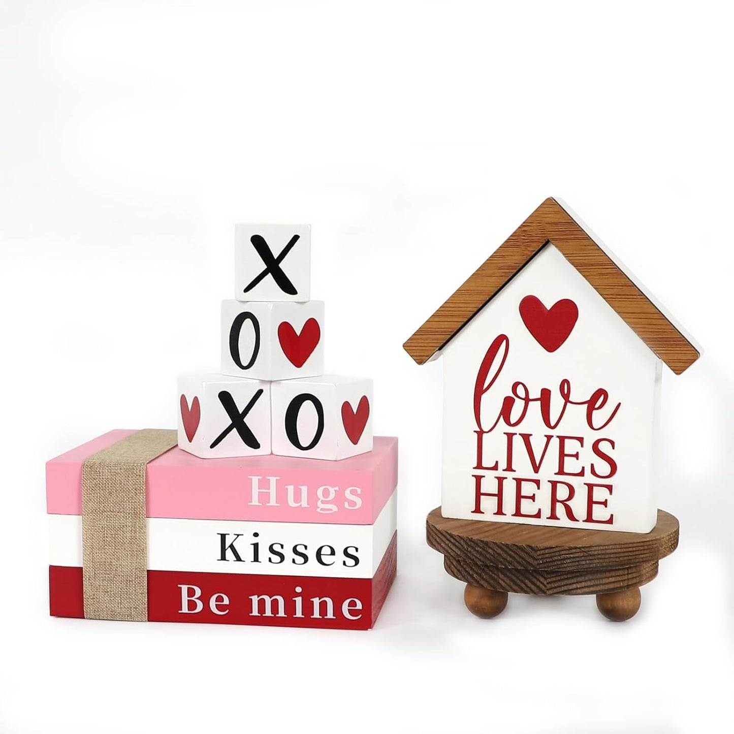 Valentines Day Decorations, Valentine Wood Book Stack with XOXO Blocks for Table Shelf Tiered Tray Decor