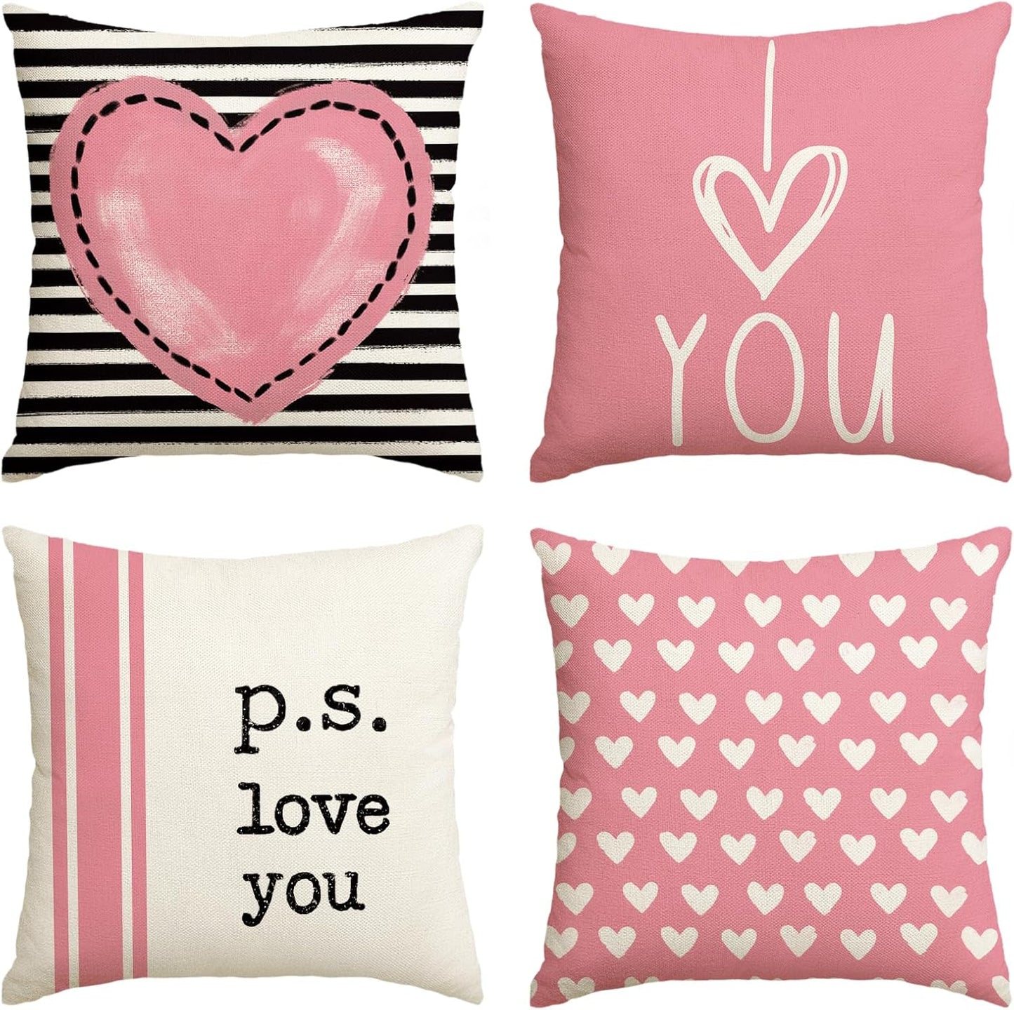Valentine's Day I Love You Throw Pillow Covers, 18 x 18 Inch Pink Valentine Heart Stripes