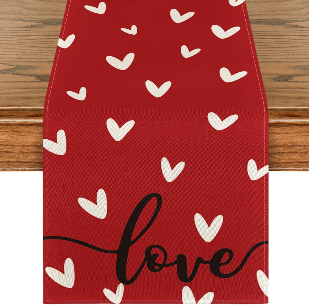 Red Love Valentine's Day Table Runner, Seasonal Anniversary Kitchen Dining Table Decoration for Indoor Home Party 13x72 Inch