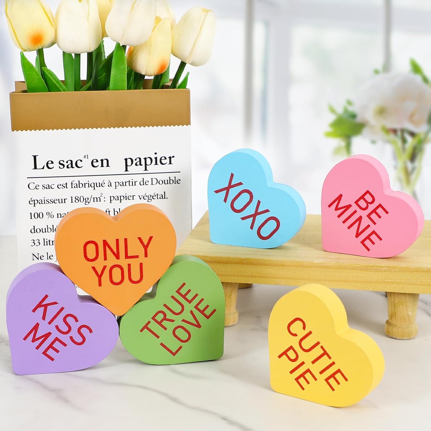 Valentines Day Decor - 6PCS Double-sided Wooden Valentine's Conversation Hearts for Tiered Tray Shelf Mantel Decor