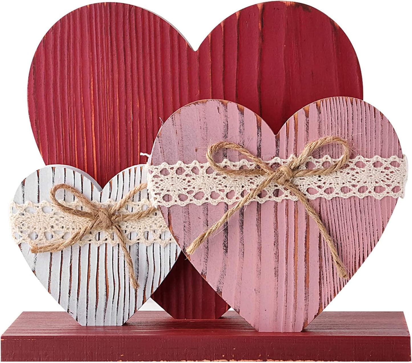 Rustic Red Pink White Wood Heart Table Valentines Day Decor Sign
