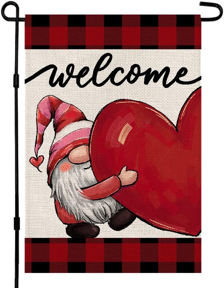 Welcome Gnome Love Heart Garden Flag Vertical Double Sided 12×18 Inch