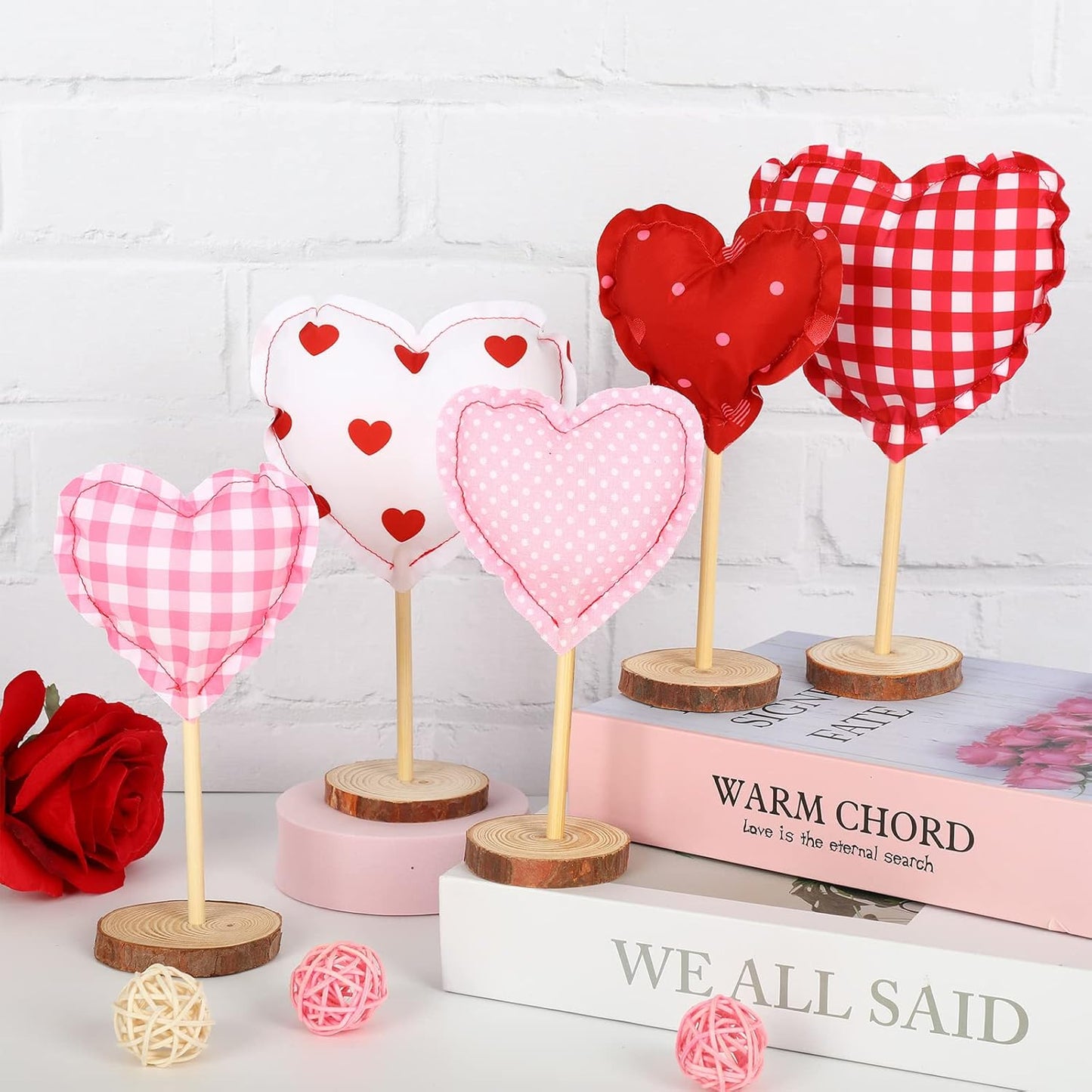 5Pcs Valentine's Day Fabric Tall Standing Heart Block Set Heart Tabletop Centerpiece Sign Wood Valentine Heart Standing Blocks
