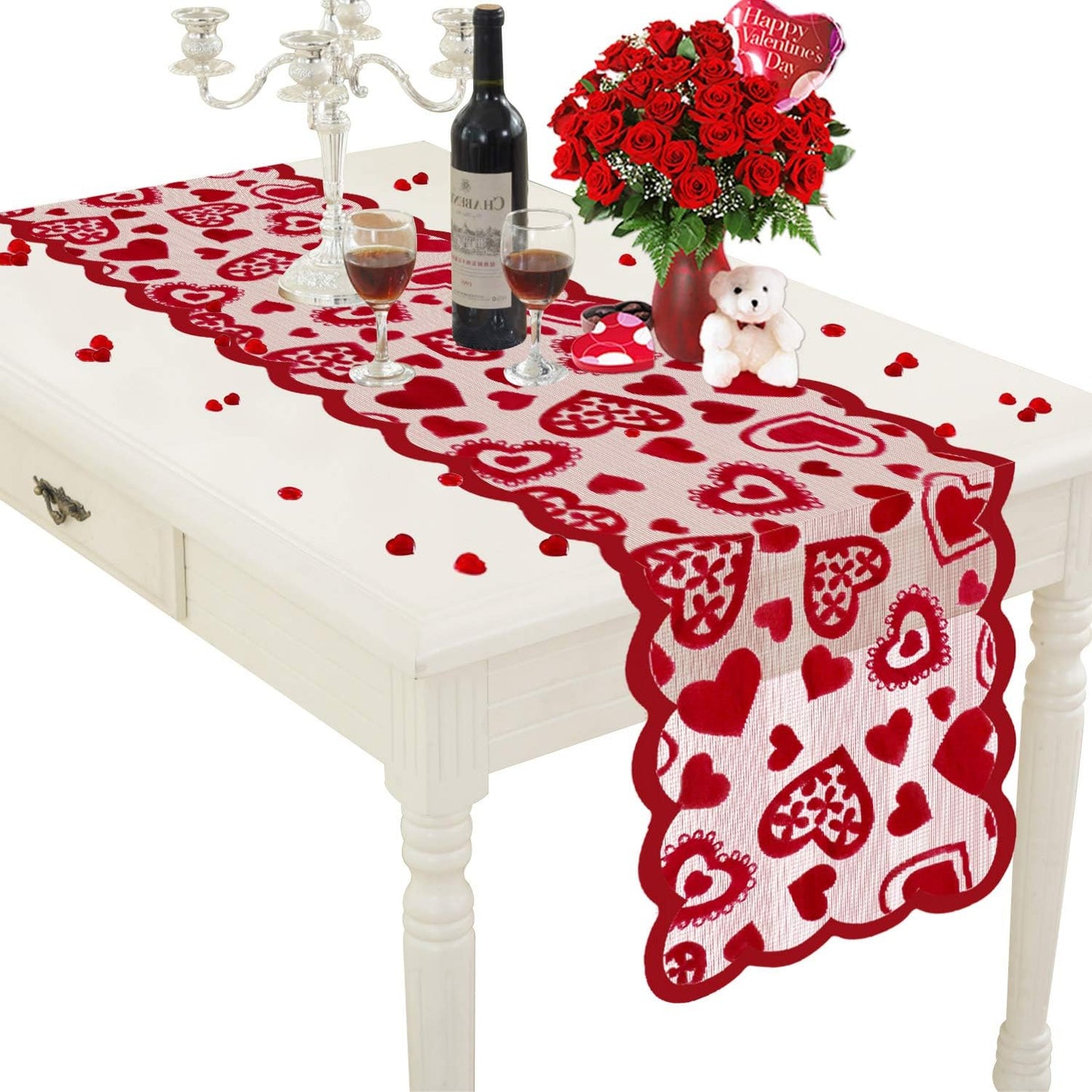 Valentines Day Decor Table Runner - 13 x 72 Inch Red Lace Table Runner for Wedding Party