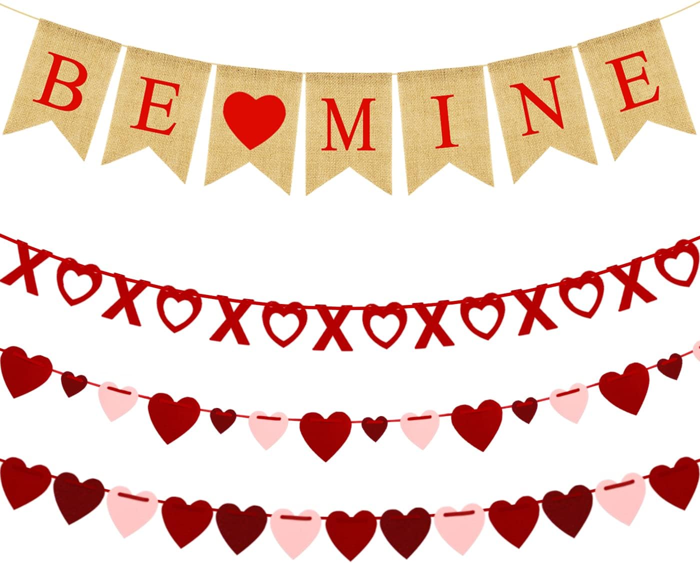 4Pcs Valentines Day Decorations Set No DIY Required BE MINE Love Heart XO Garlands Banner