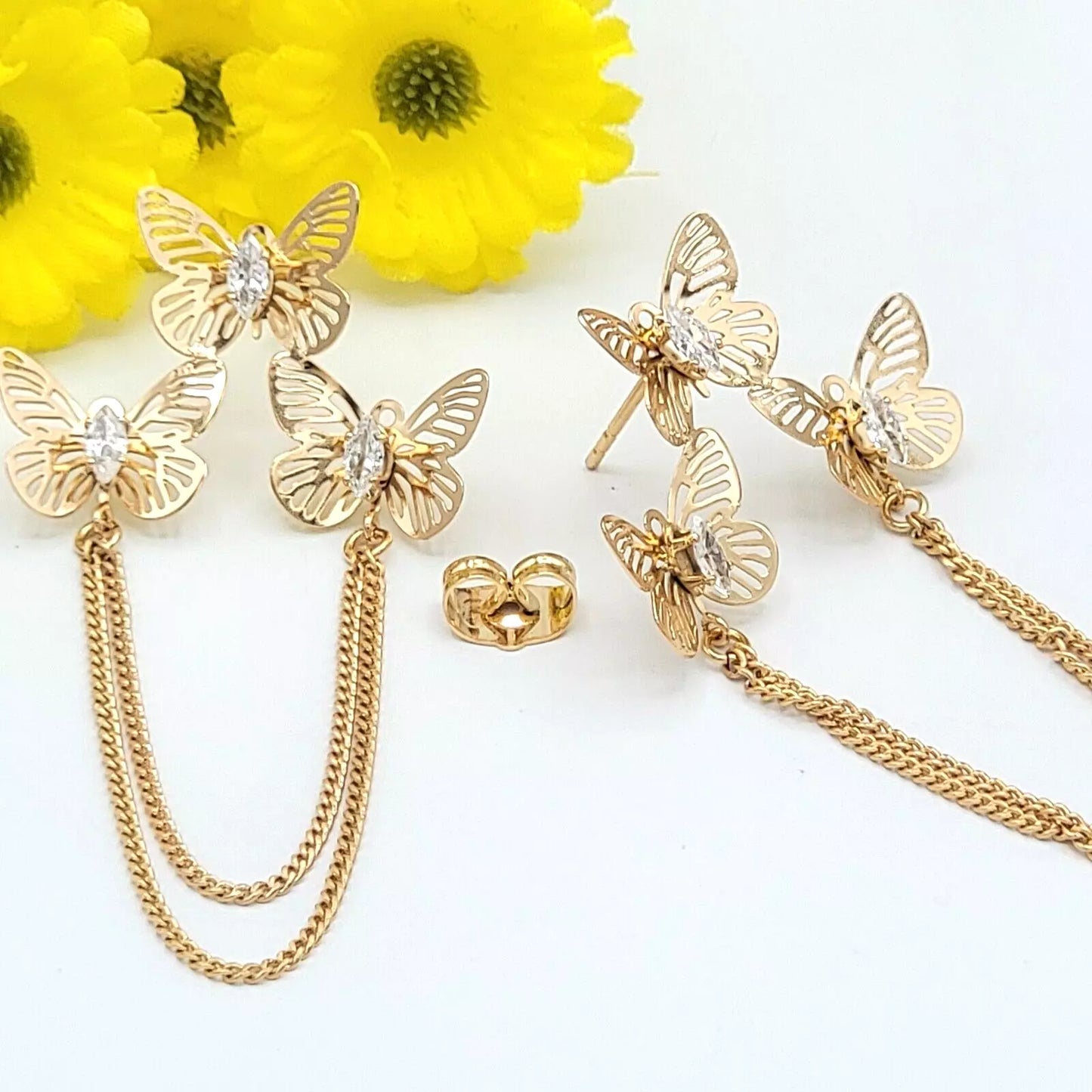 18K Gold Plated Chandelier 3 Butterflies Clear Crystals Earrings