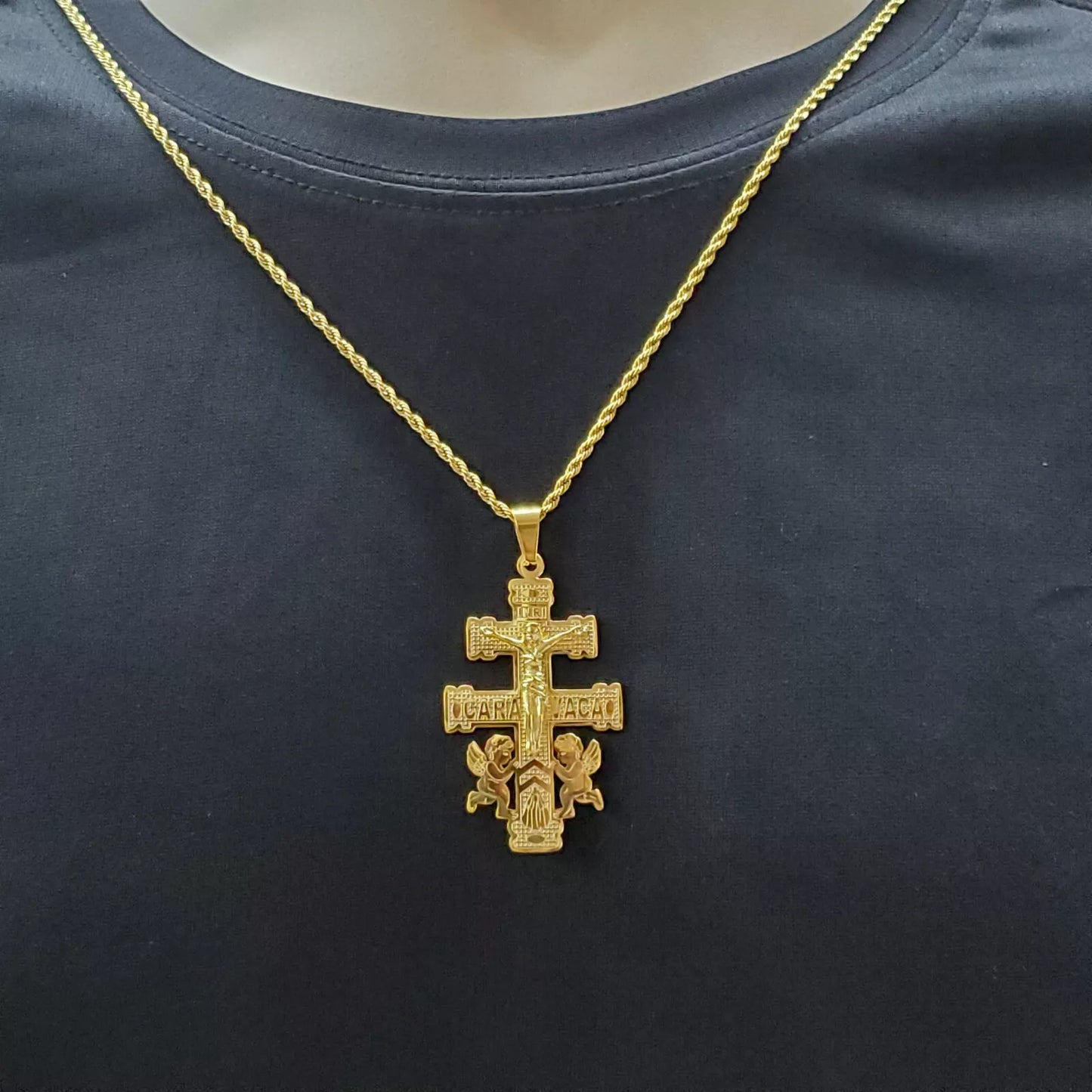 Stainles Steel Jewelry 24K Gold Plated Caravaca Crucifix Cross Pendant w chain