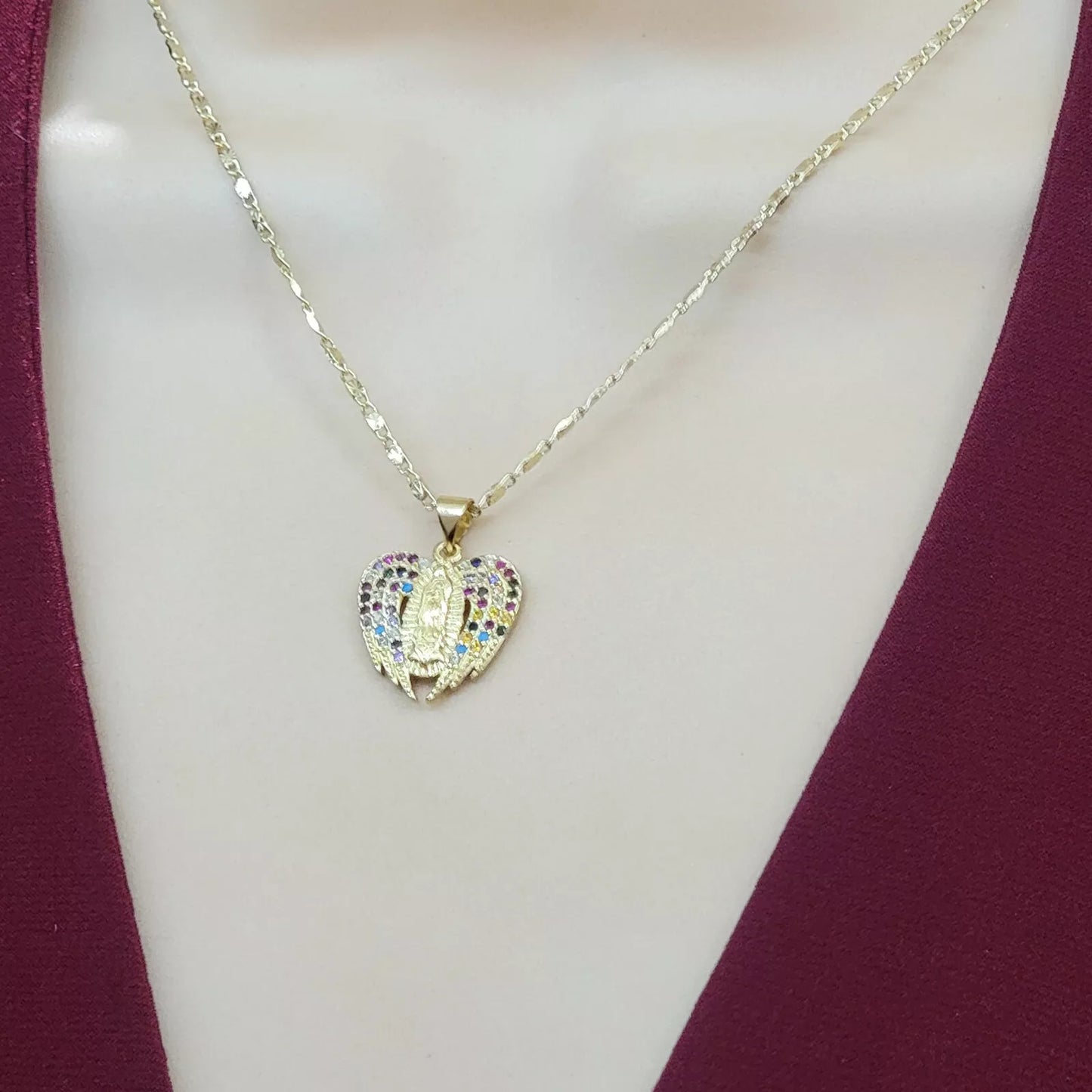 14K Gold Plated Our Lady of Guadalupe Multicolor CZ Wings Heart Pendant Necklace