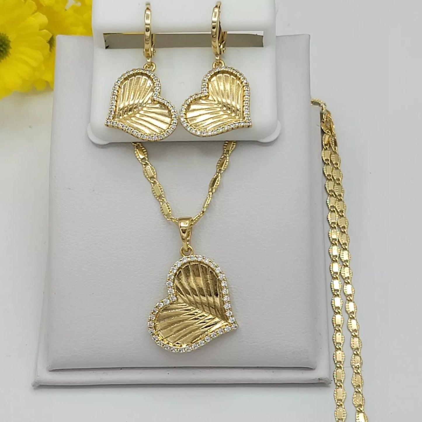 14K Gold Plated Elegant CZ Heart Set Pendant, Earrings & Chain