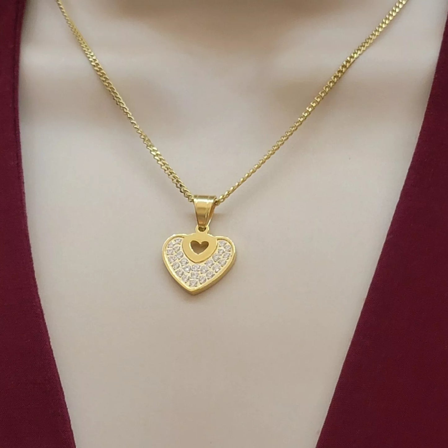 Stainless Steel 14K Gold Plated Heart Pendant Necklace & Curb Link Chain Jewelry