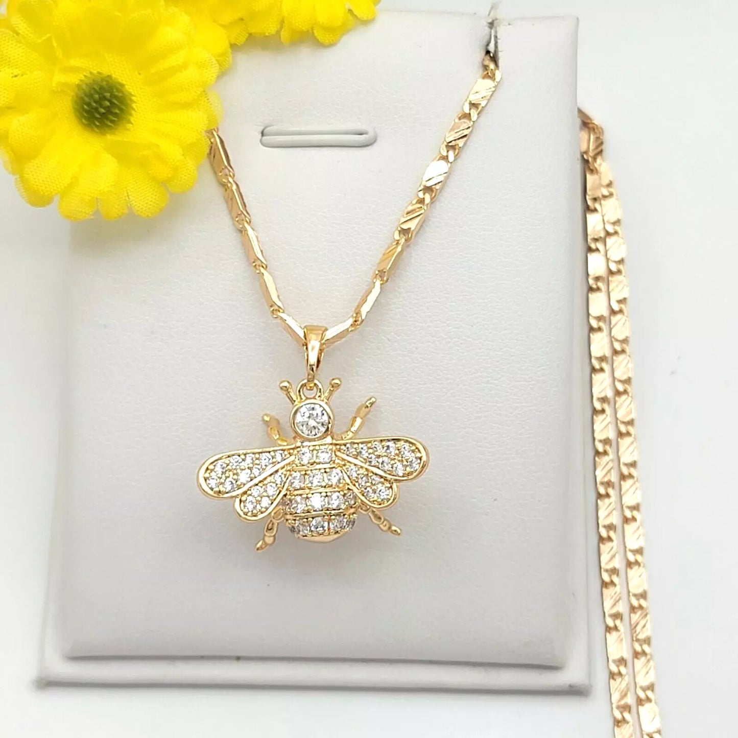 18K Gold Plated Clear CZ Queen Bee Pendant & Chain Necklace. Diligence Wisdom
