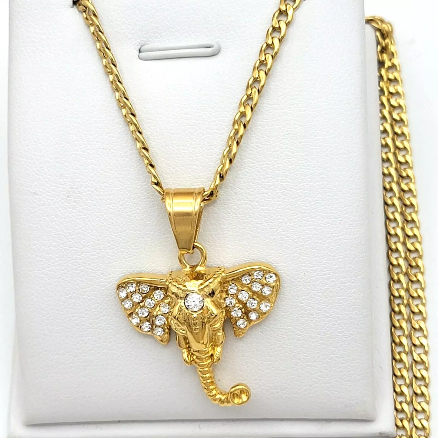 Stainless Steel & Gold Plated CZ Elephant Good Luck Symbol Pendant Necklace