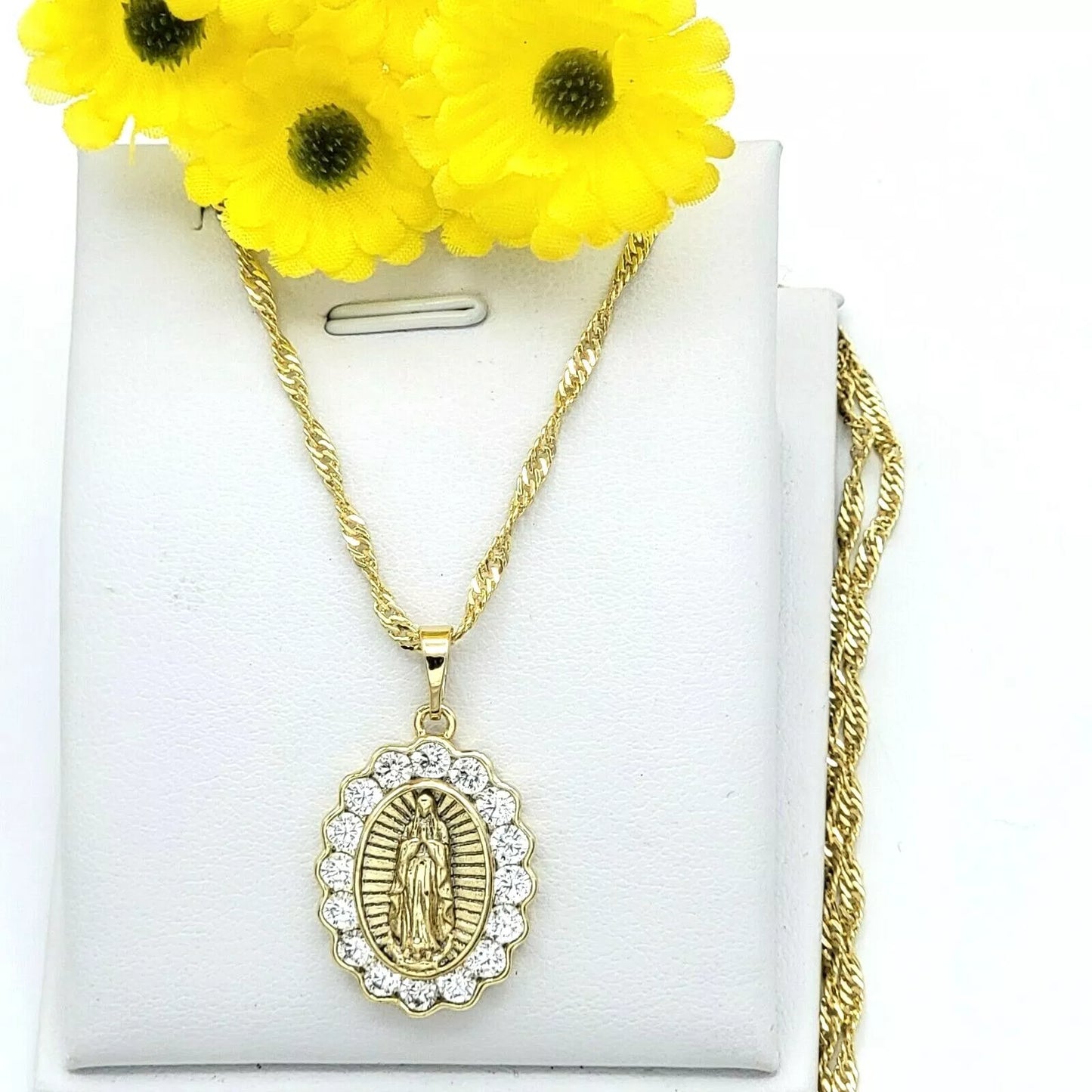14K Gold Plated Our Lady of Guadalupe Necklace Oval CZ Pendant & Chain Virgen