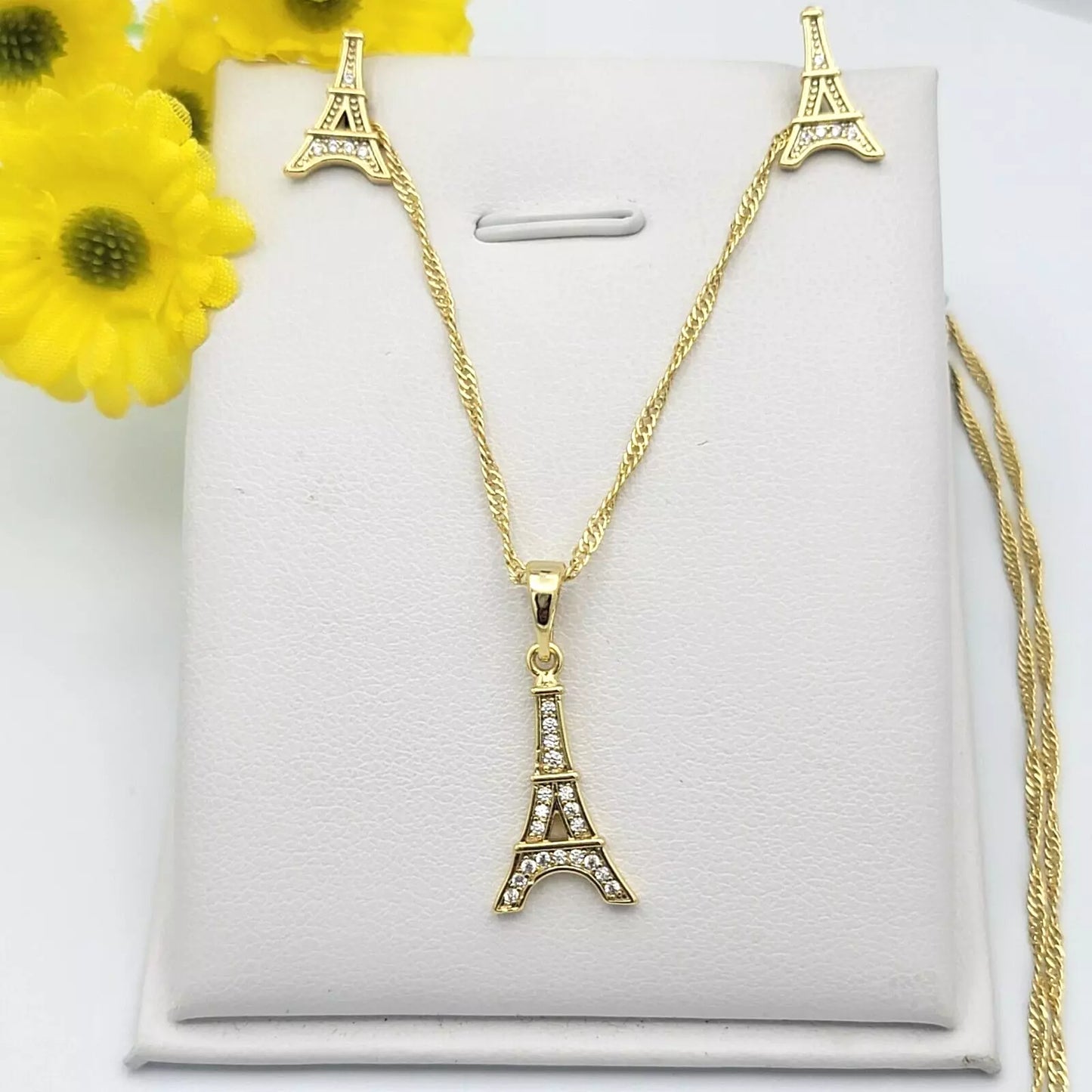14K Gold Plated Eiffel Tower w crystals Pendant - Chain - Earrings Set Necklace