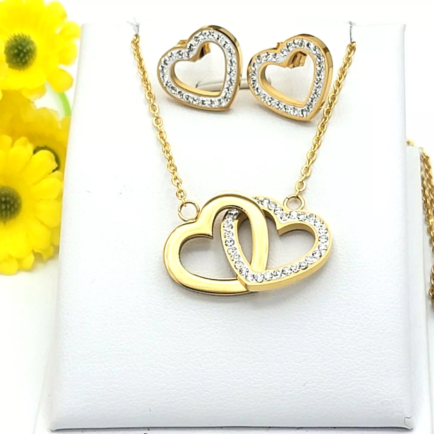 Stainless Steel Set Gold Plated Linked Hearts Necklace & Earrings