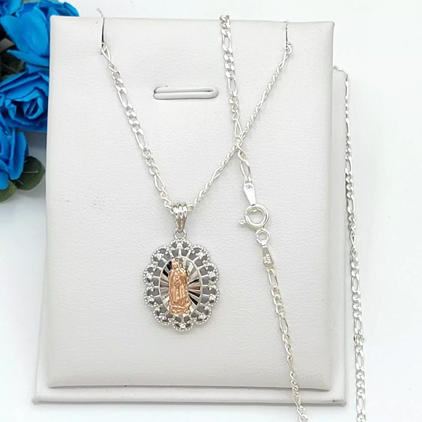 925 Solid Sterling Silver Our Lady Virgen Guadalupe Two Color Pendant Necklace