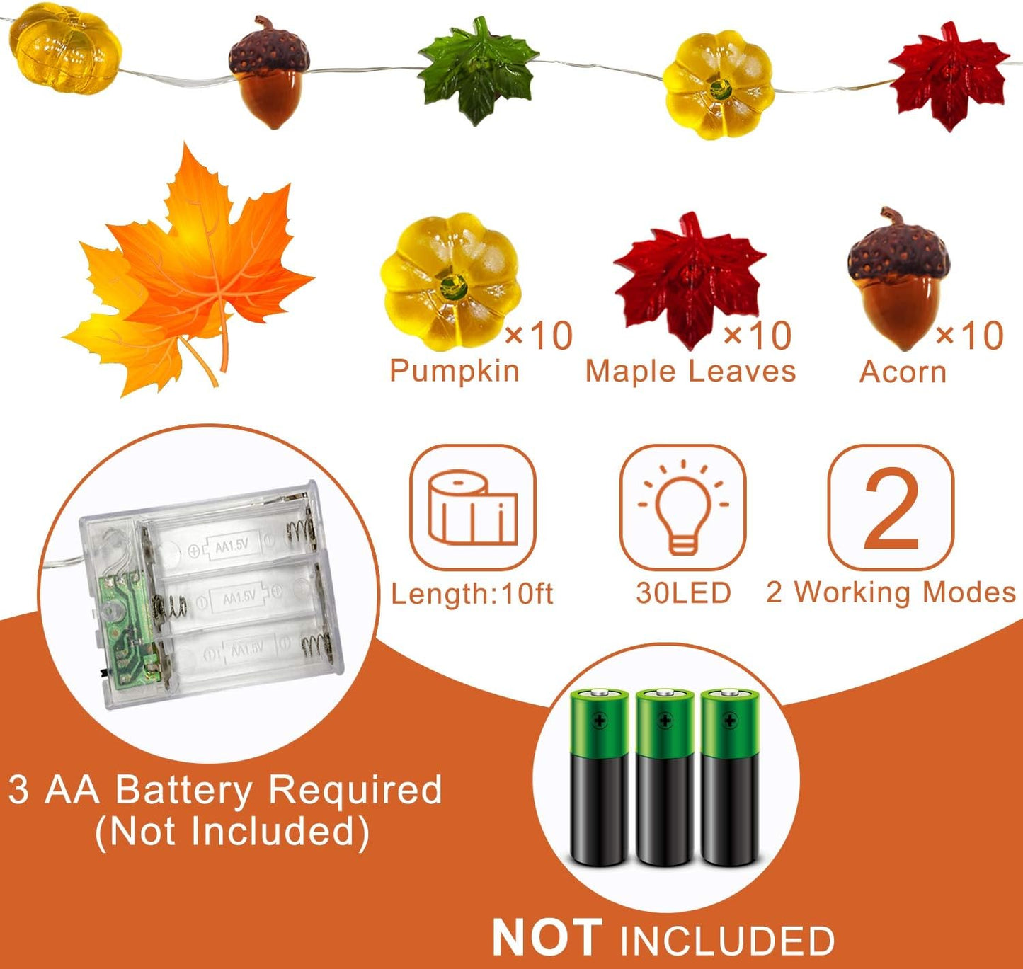 30LED/10Ft 3D Pumpkin Lights Fall Thanksgiving Decorations for home, 3 in 1 Battery Powered Thanksgiving Lights Pumpkin Decor