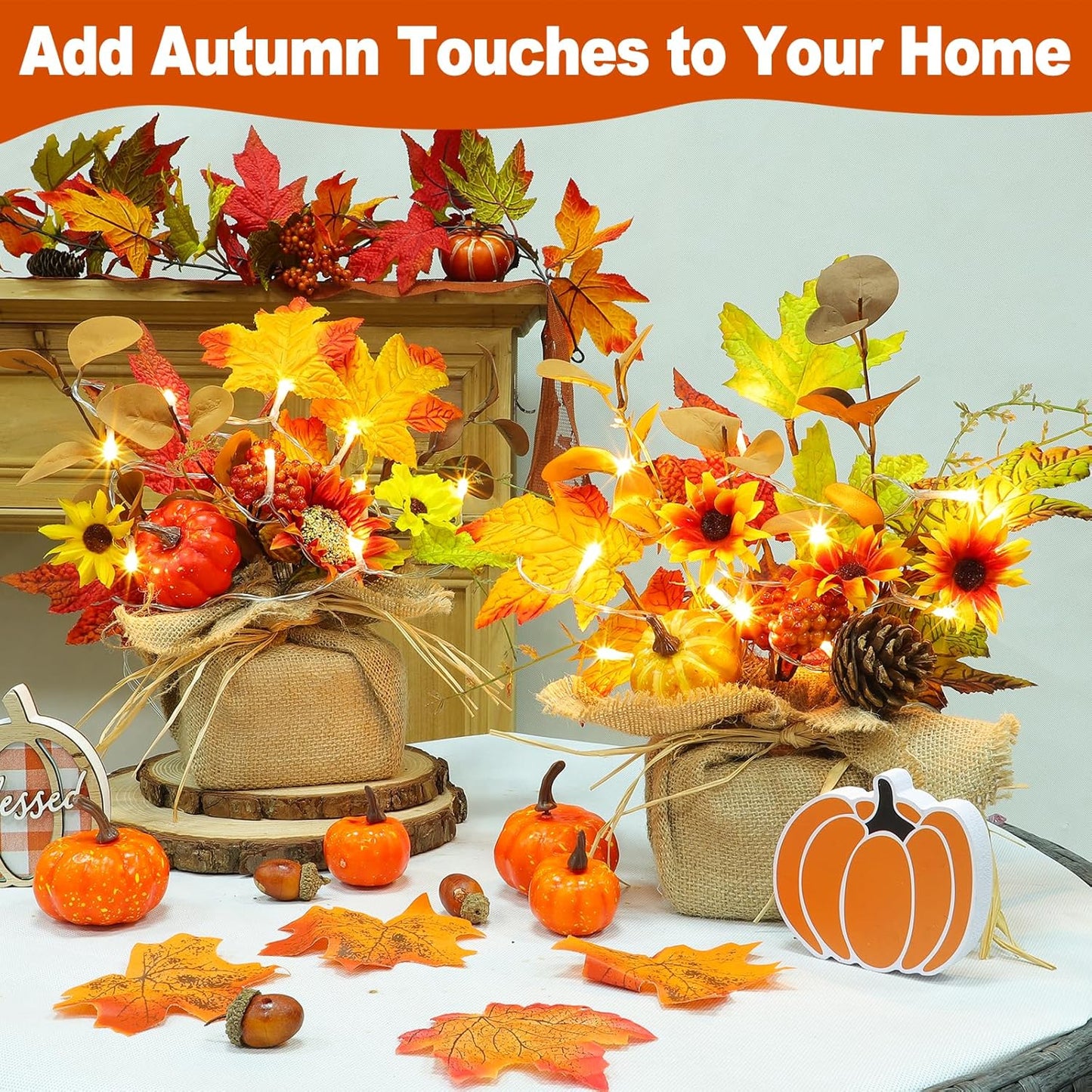 2 Pack 11 Inch Fall Maple Tree Thanksgiving Decor, Artificial Tabletop Fall Tree with 20 LEDs Battery Powered