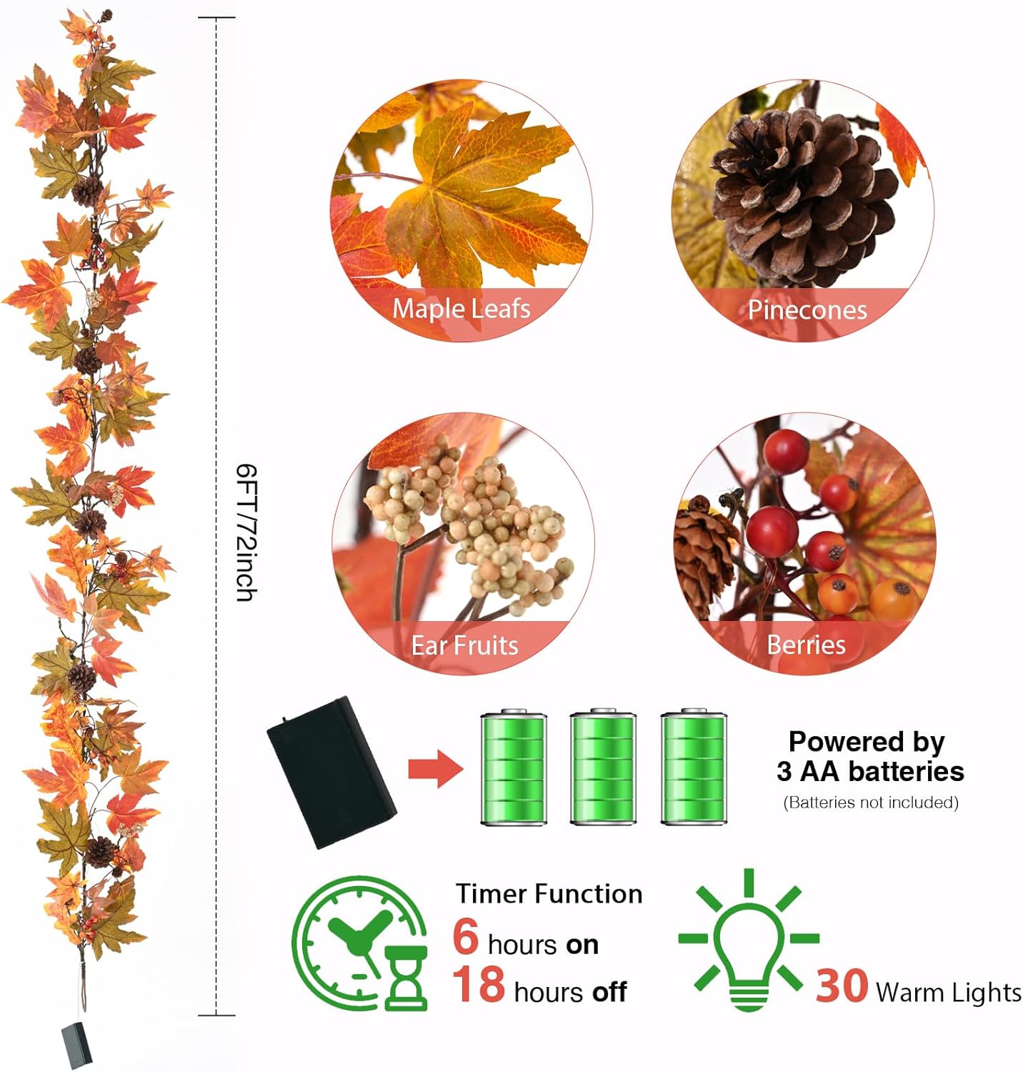 6 Ft Fall Decor Garland with Pine Cones Berries, Harvest Decor Garland with 30 Warm Lights for Fall