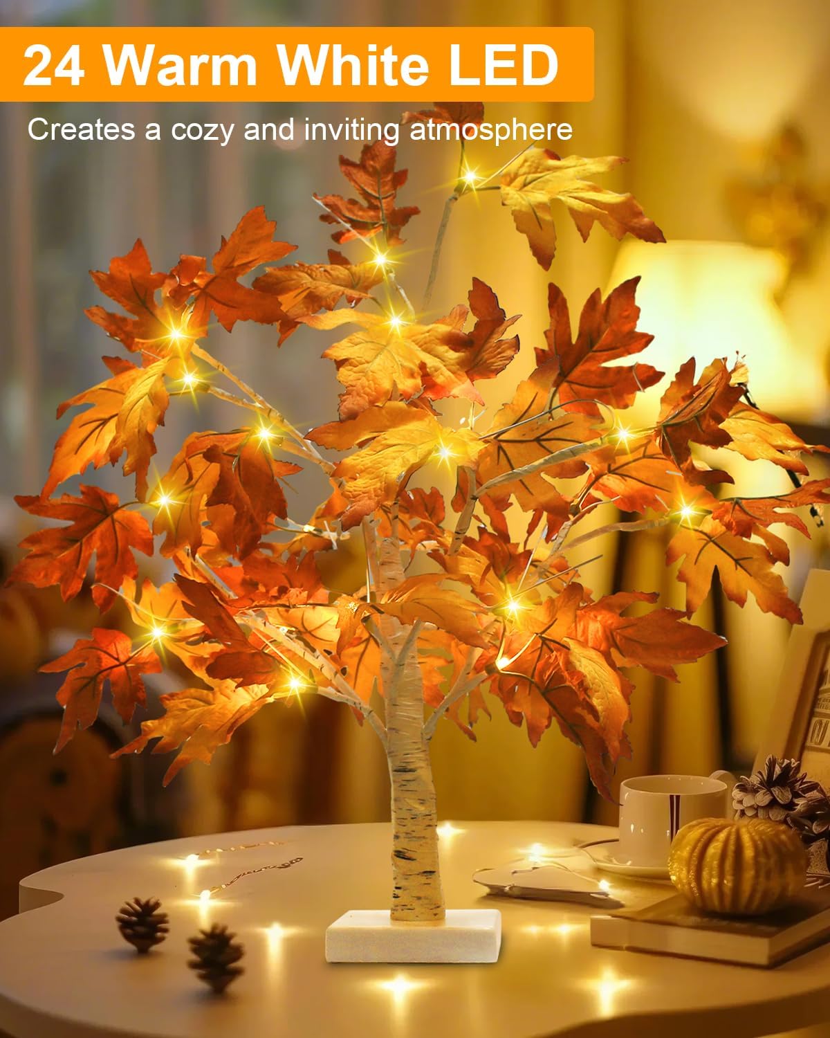2-Packs Maple Fall Light Up Tree w/ 24 Led 22 Inches White Artificial Tree Battery Operated for Halloween Decorations Thanksgiving