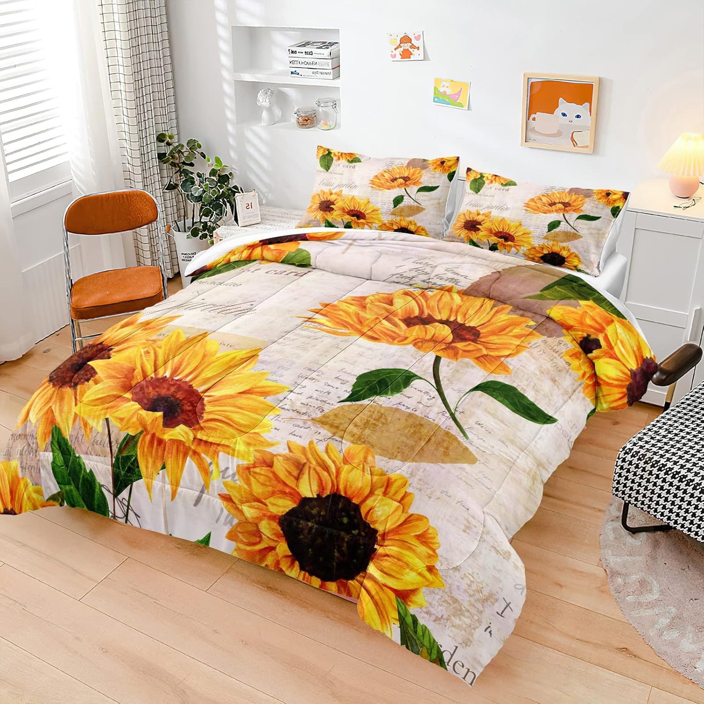 Vintage Sunflower Comforter Letter Sunflower Comforter Set Retro Sunflowers Printed (King, Letter Sunflower)