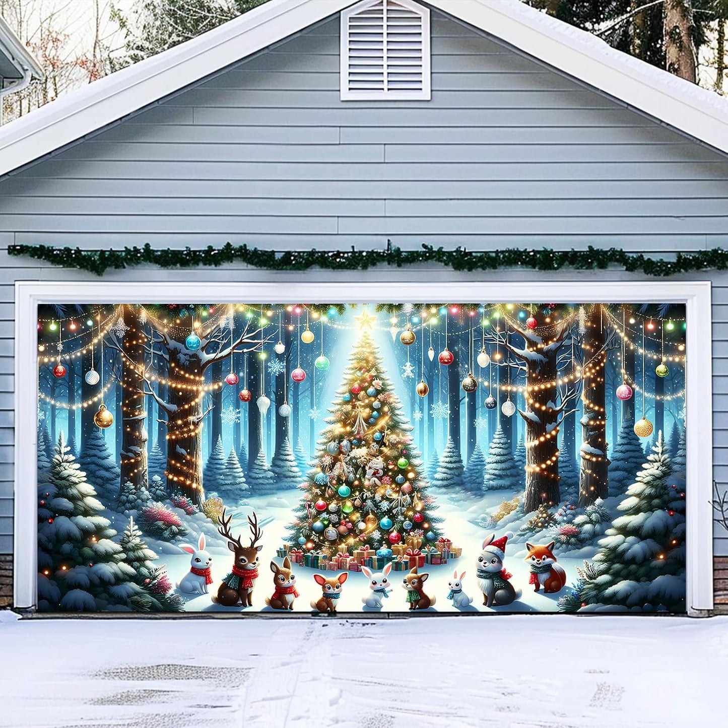 Xmas Garage Door Banner Covering Decor Large Garage Door Christmas Mural Backdrop Background, 13x6 ft