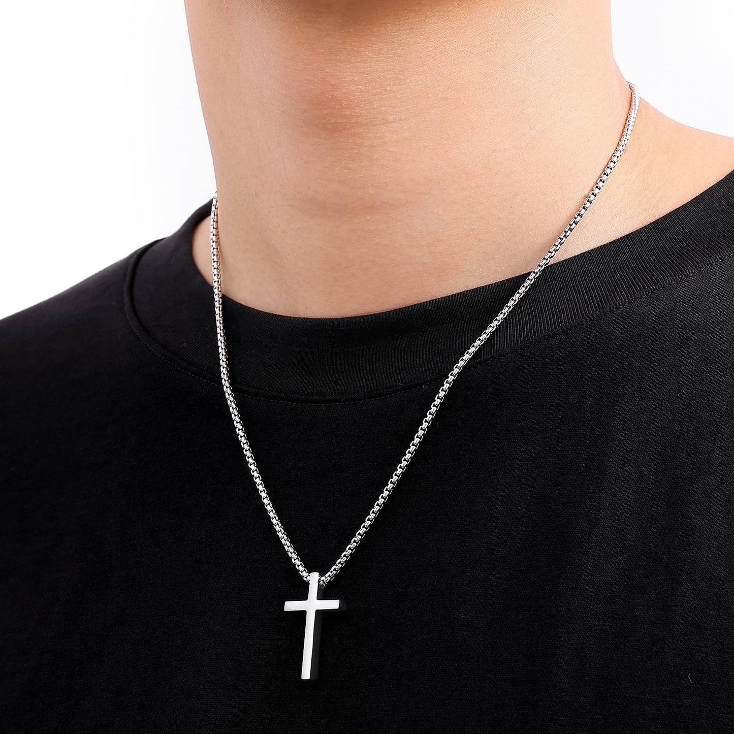 Cross Necklace for Men, Silver/Gold/Black Mens Cross Necklaces with 2.5mm Cross Chain and Stainless Steel Cross Pendant, Box Chain 16-24 Inch