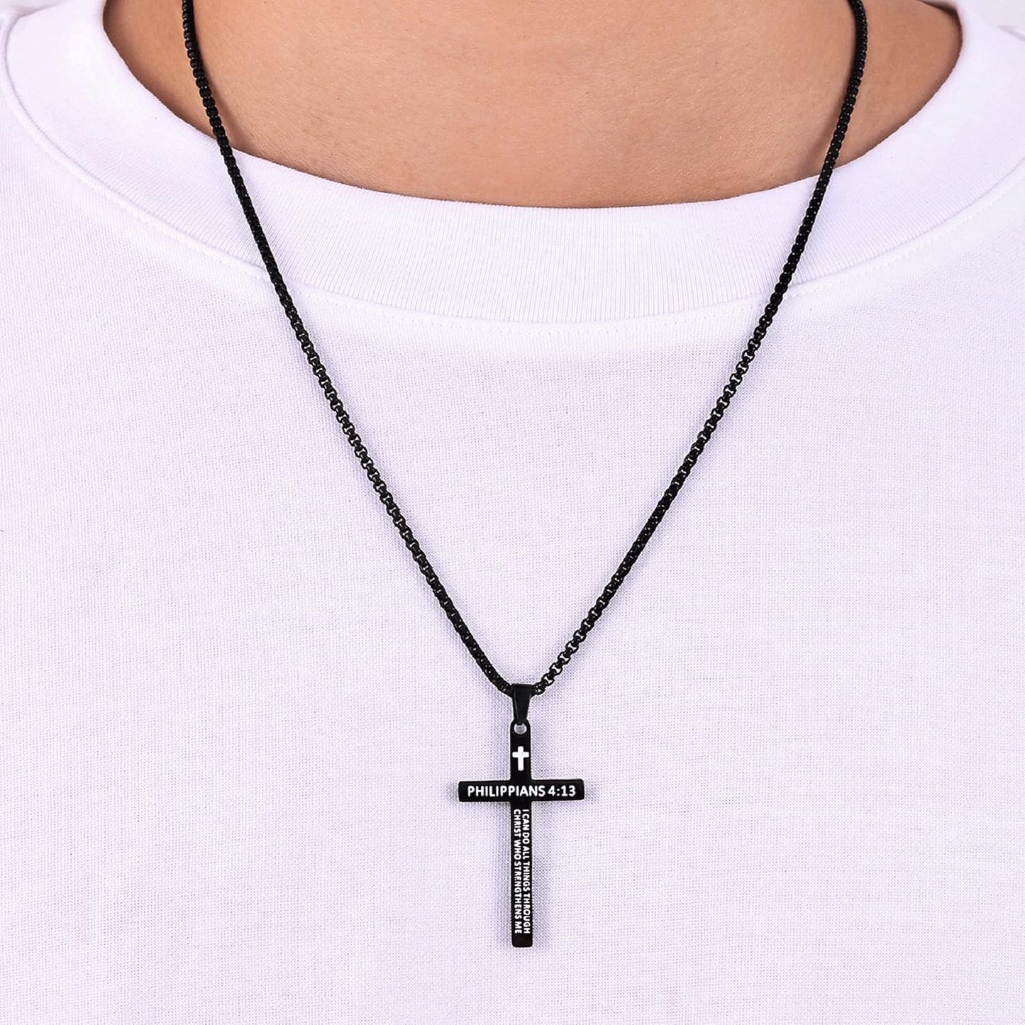 Bible Verse Cross Necklace for Men, Stainless Steel Mens Necklace, Black/Gold/Silver Tone Cross Pendant for Men