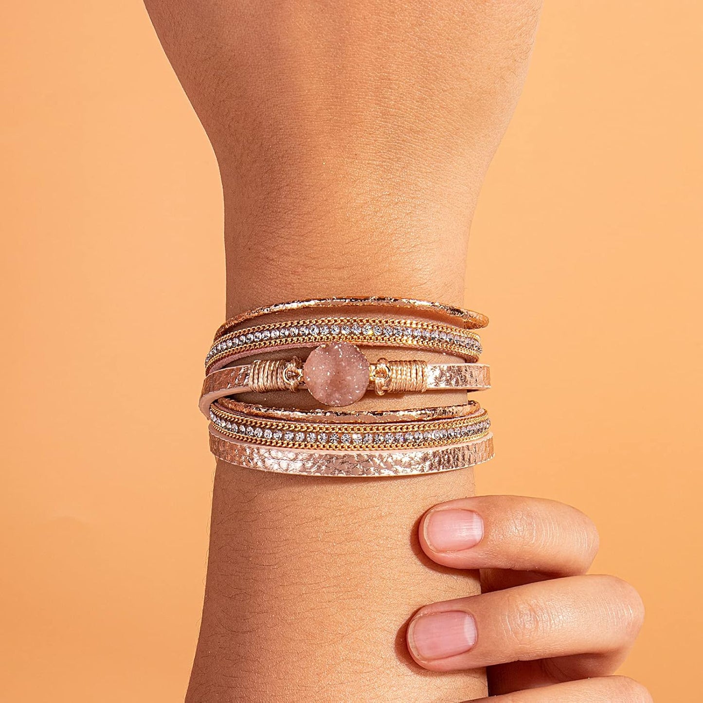 Boho Wrap Bracelets Leather Cuff Bracelet Bohemian Jewelry Resin Stone Leather Necklace with Clasp for Women, Rose Gold