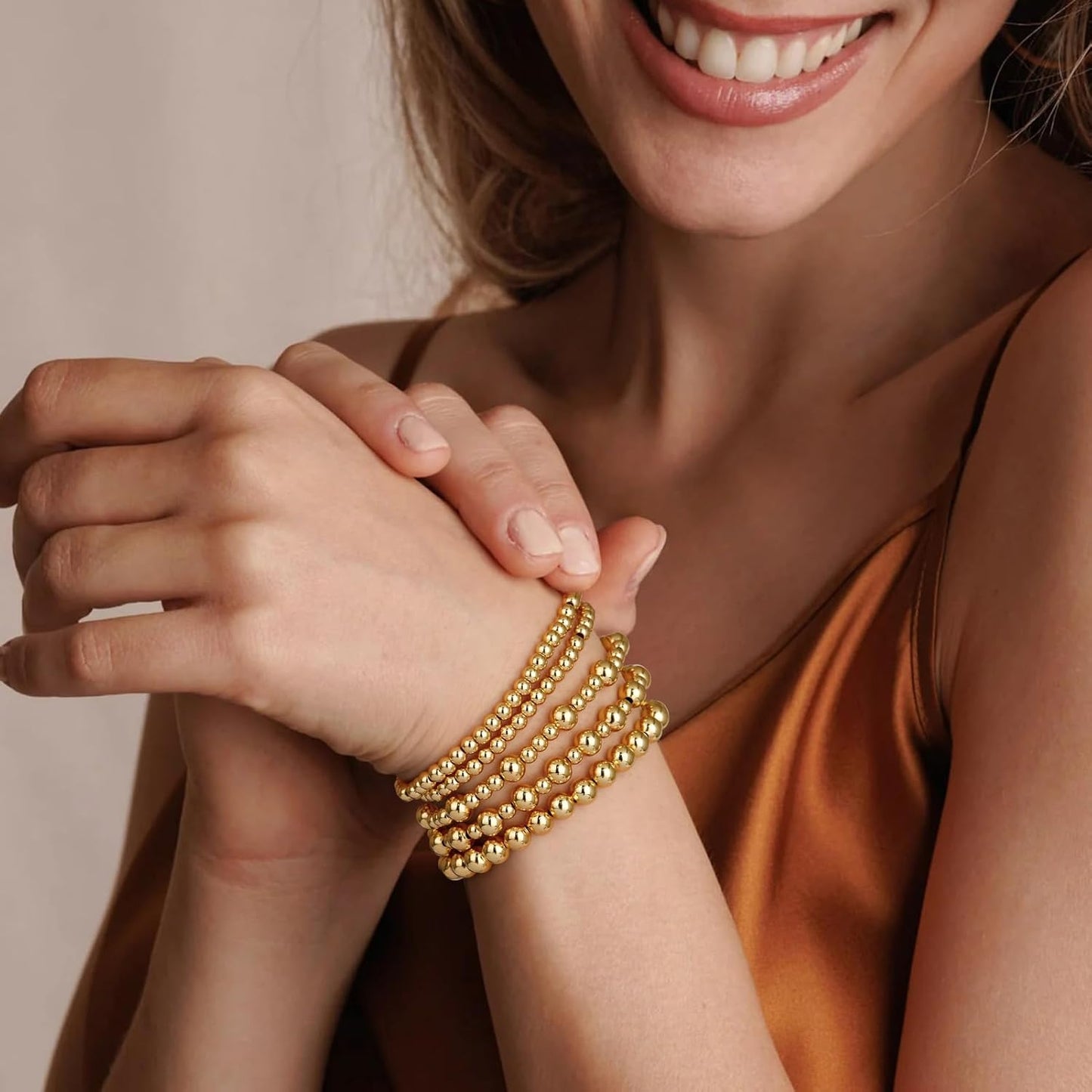 Gold Bracelets for Women, 14K Gold Plated Beaded Bracelets Gold Strand Bead Ball Bracelet stack Set Adjustable Bracelet Set Jewelry for Gifts
