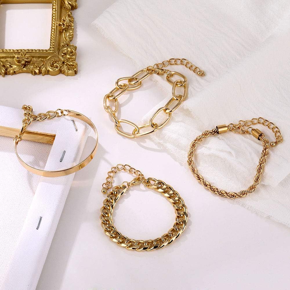 Gold Bracelets for Women, 14K Gold Plated Dainty Layered Chain Bracelets Adjustable Cute Bangle Link Bracelet Set