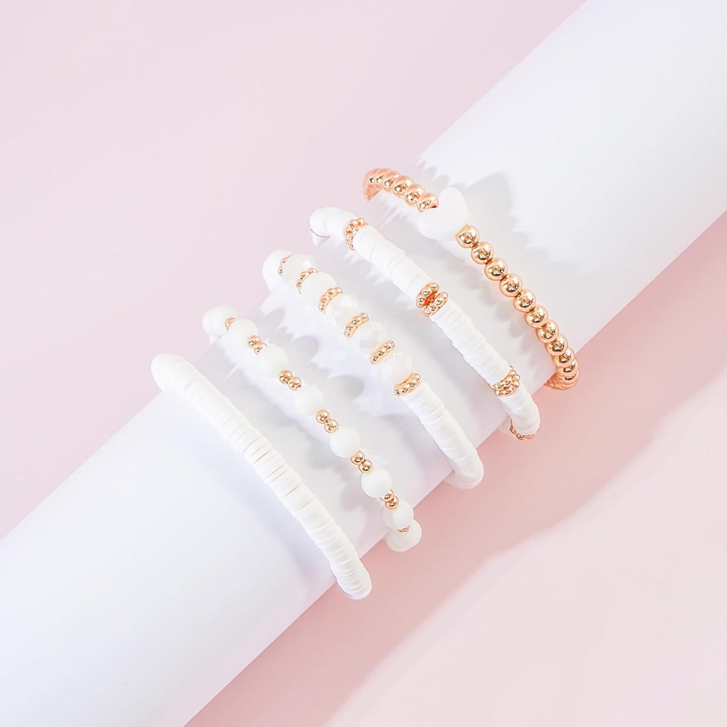 Beaded Stretch Bracelets for Women Stackable Gold Polymer Clay Beads Bracelets Friendship Boho Summer Beach Bracelets Jewelry Set, White