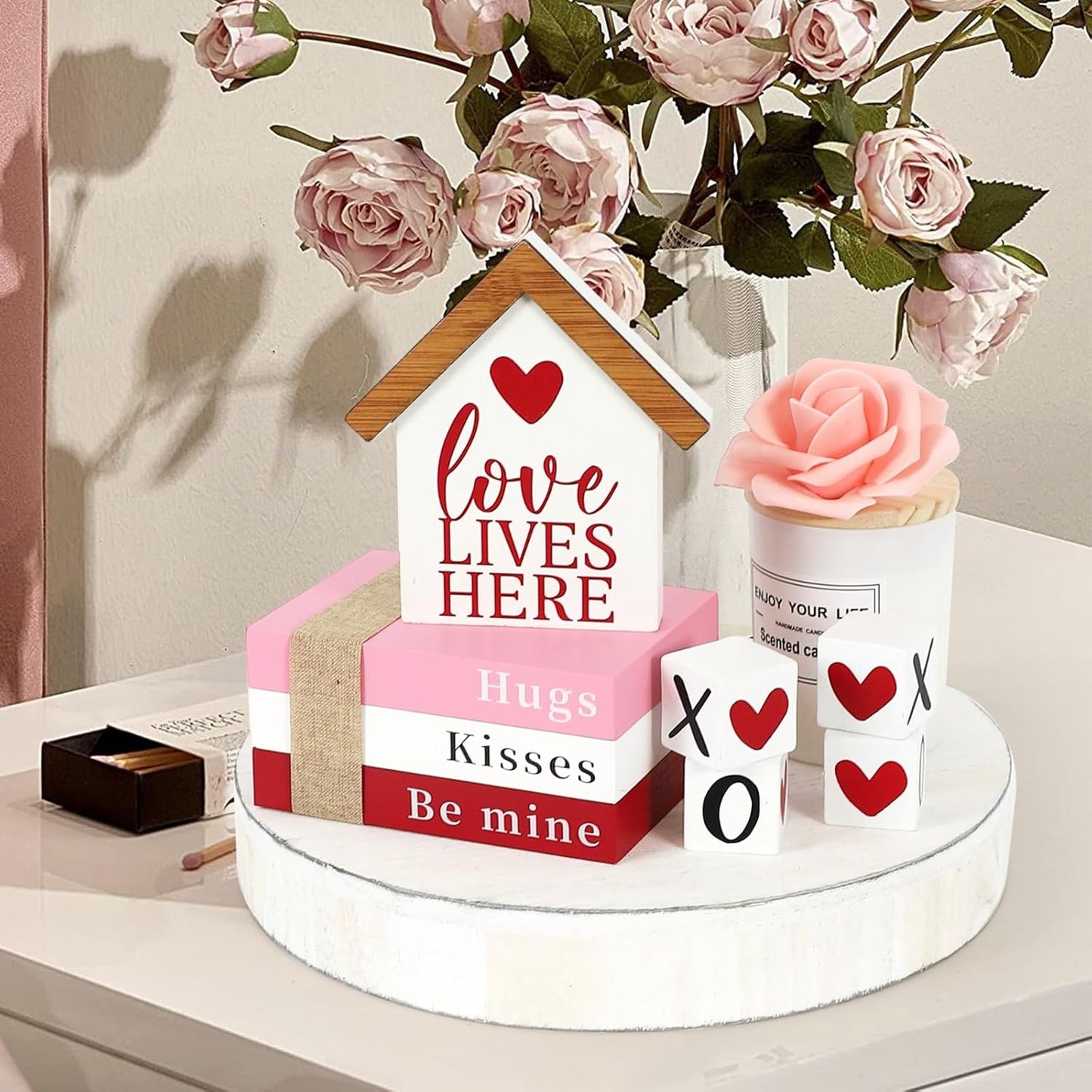 Valentines Day Decorations, Valentine Wood Book Stack with XOXO Blocks for Table Shelf Tiered Tray Decor