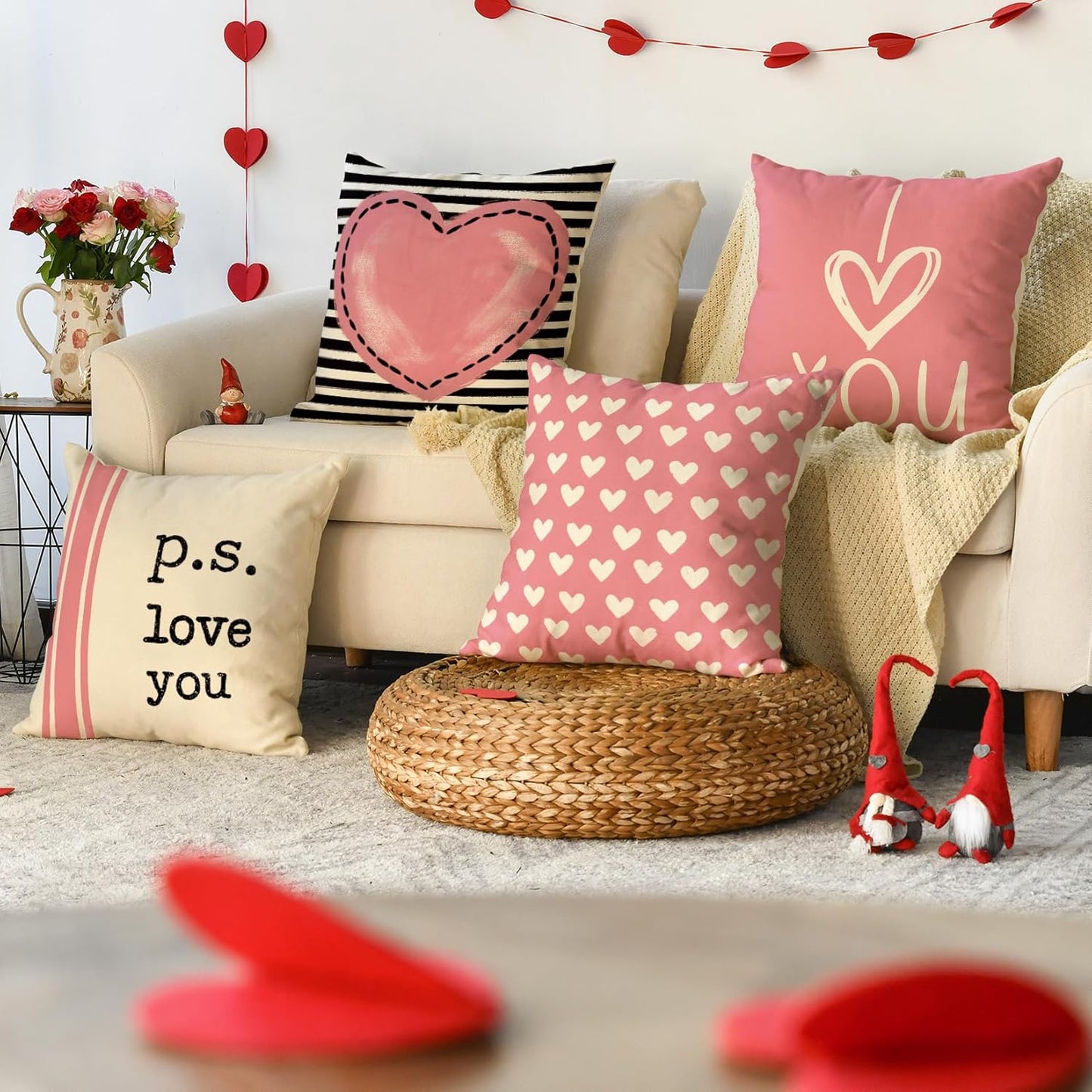 Valentine's Day I Love You Throw Pillow Covers, 18 x 18 Inch Pink Valentine Heart Stripes