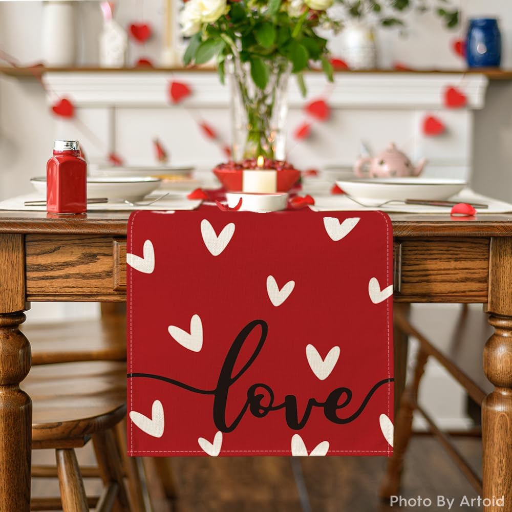Red Love Valentine's Day Table Runner, Seasonal Anniversary Kitchen Dining Table Decoration for Indoor Home Party 13x72 Inch