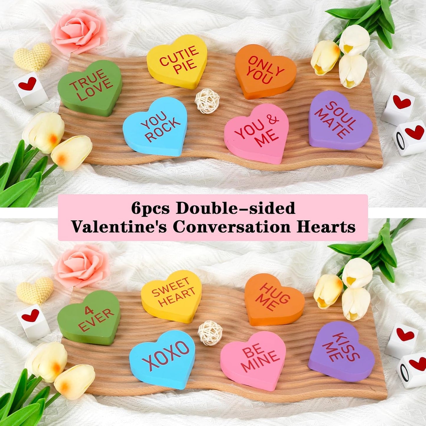 Valentines Day Decor - 6PCS Double-sided Wooden Valentine's Conversation Hearts for Tiered Tray Shelf Mantel Decor