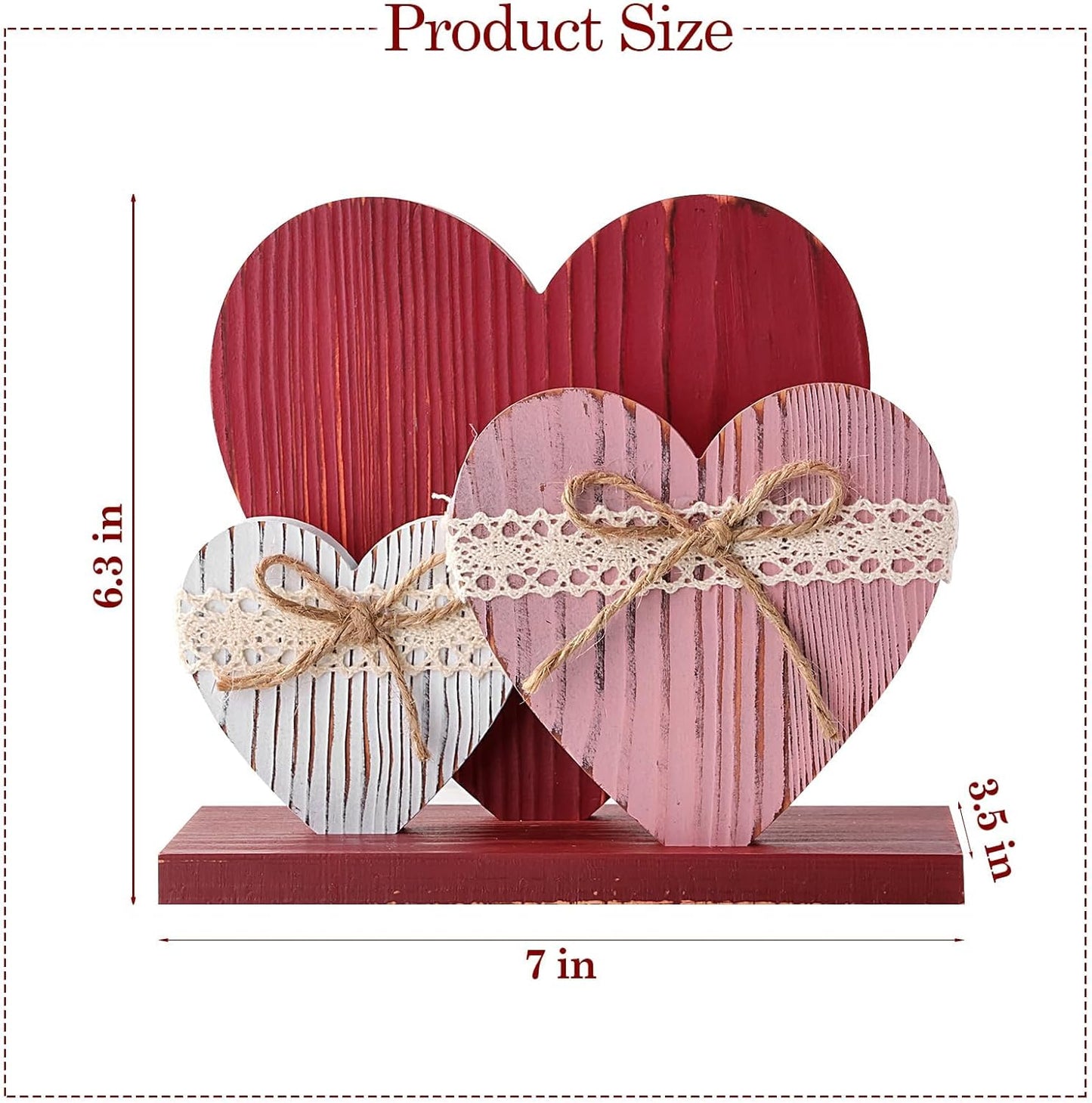 Rustic Red Pink White Wood Heart Table Valentines Day Decor Sign